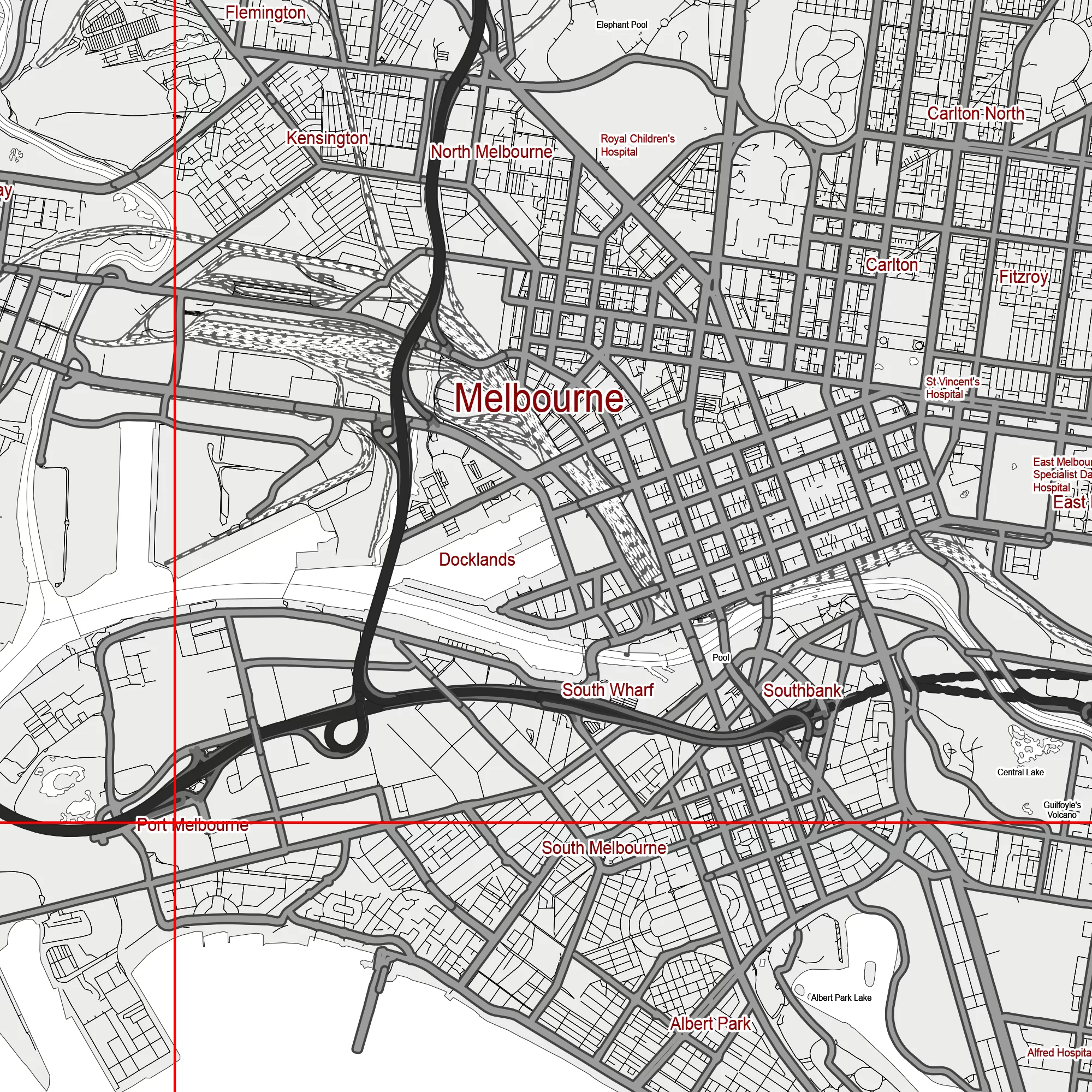 Melbourne Australia Map Vector City Plan Low Detailed (simple white) Street Map editable Adobe Illustrator in layers