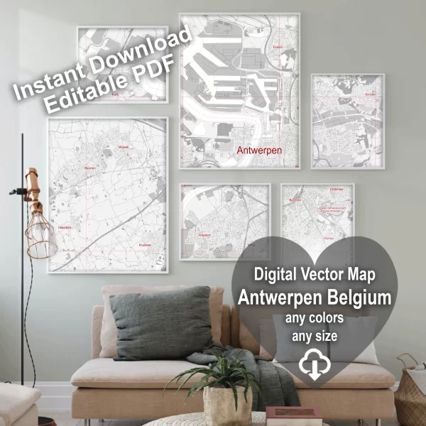 Antwerpen Belgium Map Vector City Plan Low Detailed (simple white) Street Map editable Adobe Illustrator in layers