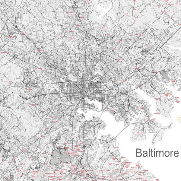 Baltimore Maryland US Map Vector City Plan Low Detailed (simple white) Street Map editable Adobe Illustrator in layers