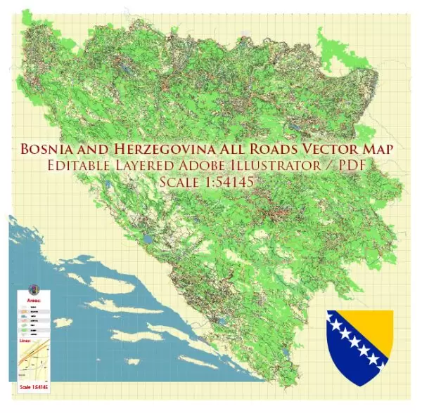 Bosnia and Herzegovina Vector Map: Full Extra 01 High Detailed All roads Map, editable Adobe Illustrator in layers