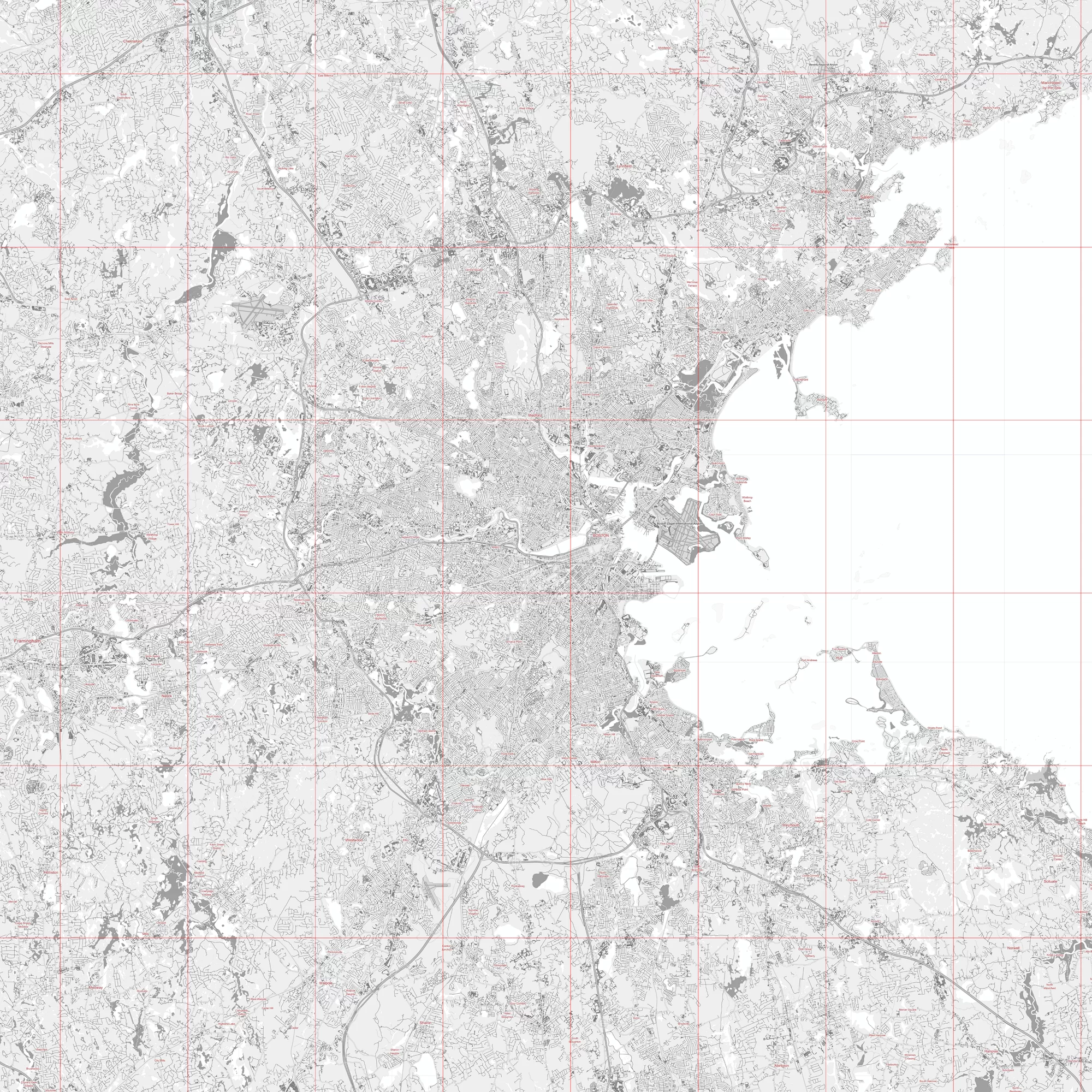 Boston Massachusetts US PDF Vector Map: City Plan Low Detailed (simple white) Street Map editable Adobe PDF in layers