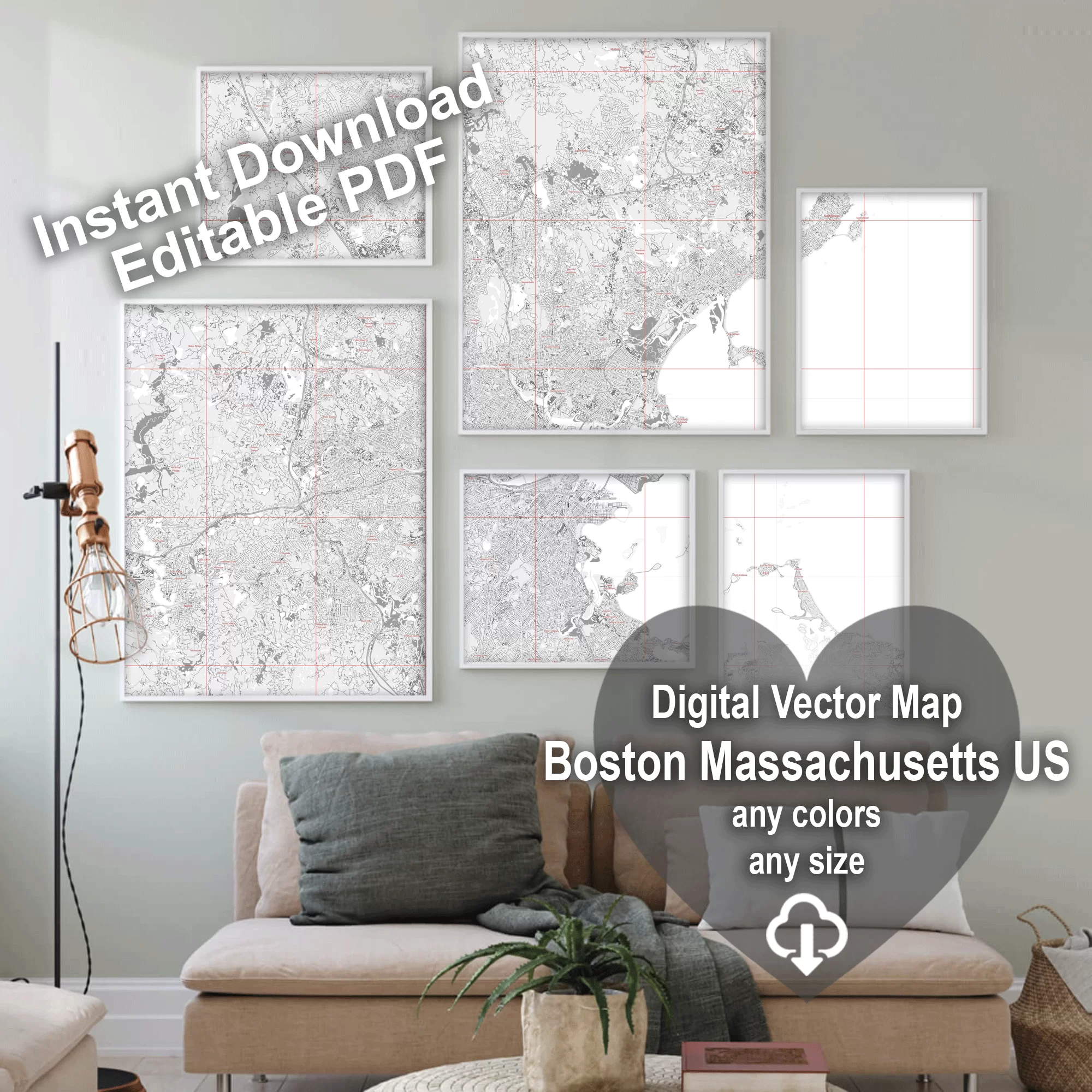 Boston Massachusetts US PDF Vector Map: City Plan Low Detailed (simple white) Street Map editable Adobe PDF in layers