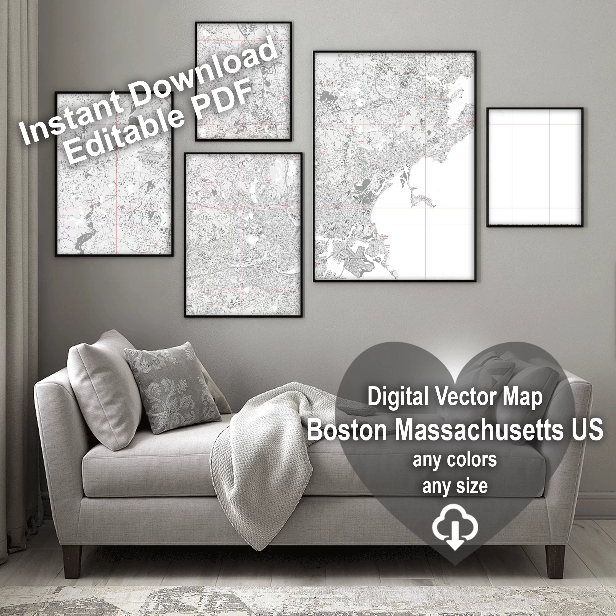 Boston Massachusetts US PDF Vector Map: City Plan Low Detailed (simple white) Street Map editable Adobe PDF in layers