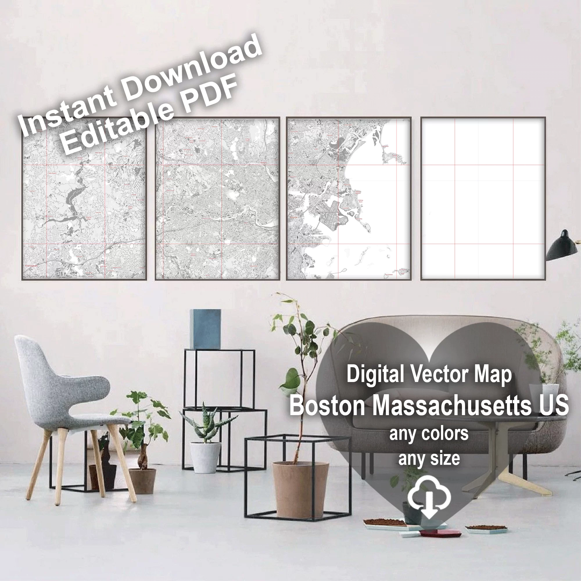 Boston Massachusetts US PDF Vector Map: City Plan Low Detailed (simple white) Street Map editable Adobe PDF in layers