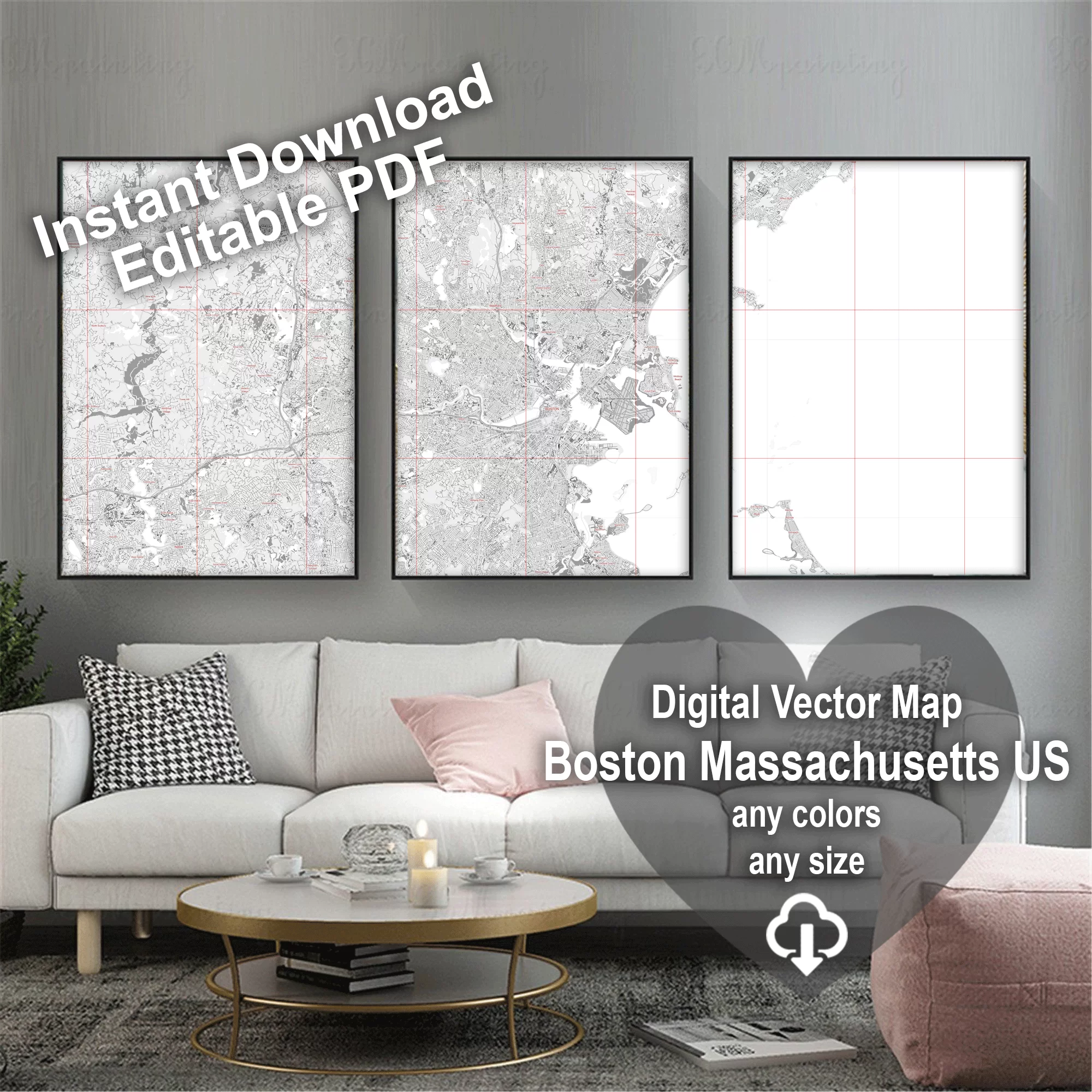 Boston Massachusetts US PDF Vector Map: City Plan Low Detailed (simple white) Street Map editable Adobe PDF in layers
