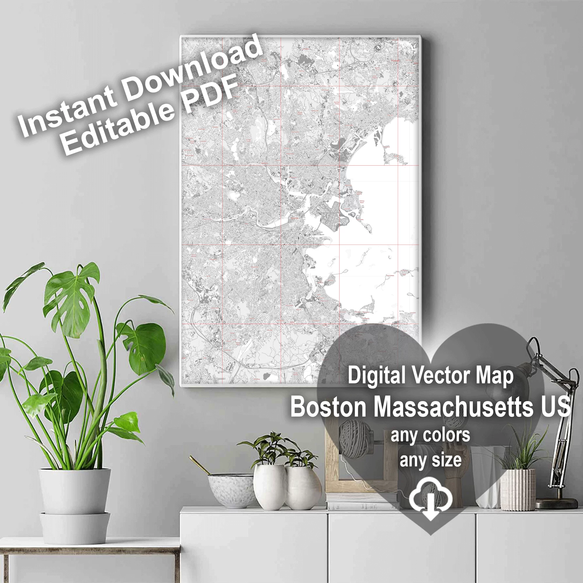 Boston Massachusetts US PDF Vector Map: City Plan Low Detailed (simple white) Street Map editable Adobe PDF in layers
