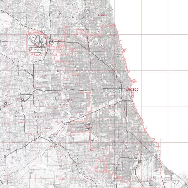 Chicago Illinois US Map Vector City Plan Low Detailed (simple white admin) Street Map editable Adobe Illustrator in layers