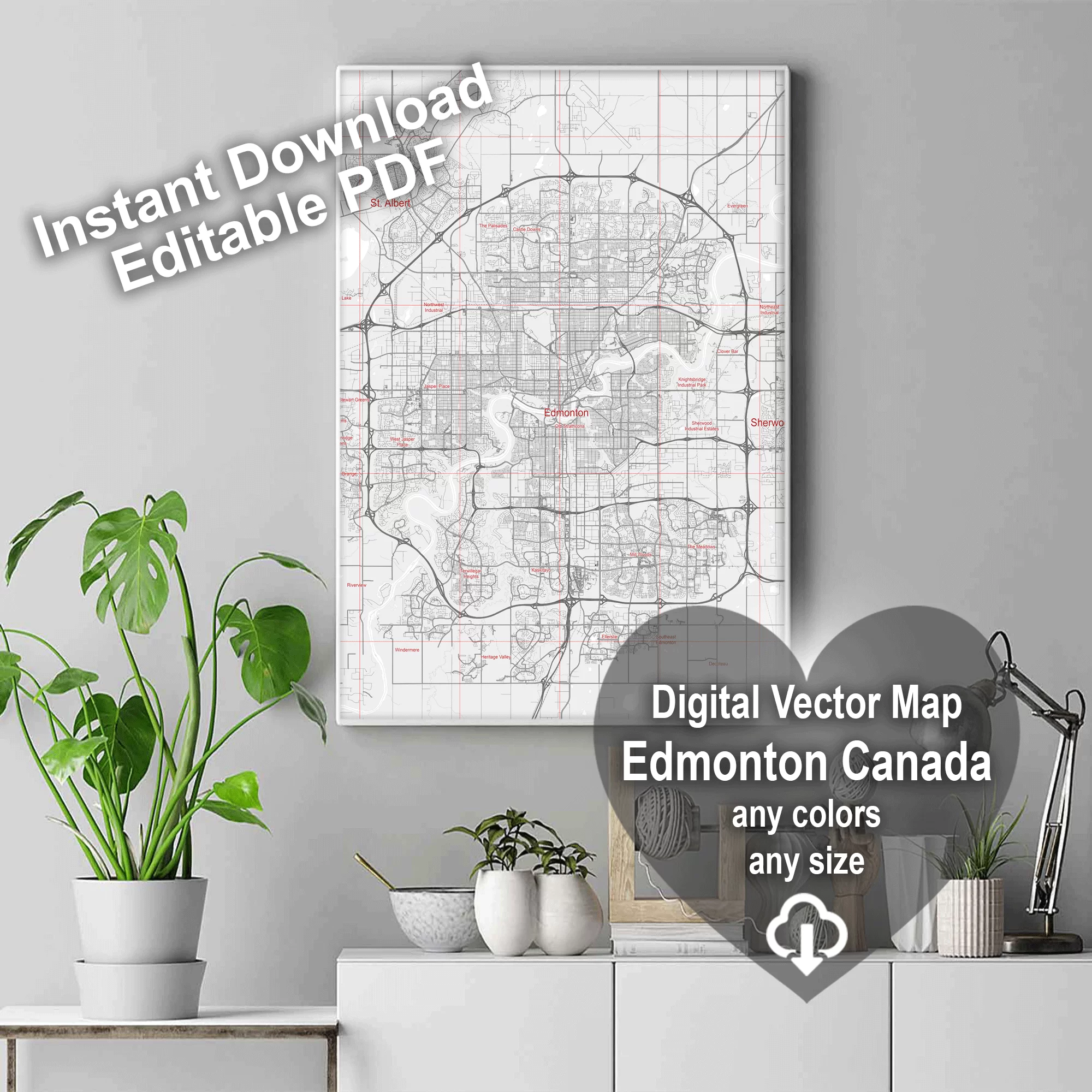 Edmonton Canada Map Vector City Plan Low Detailed (simple white) Street Map editable Adobe Illustrator in layers