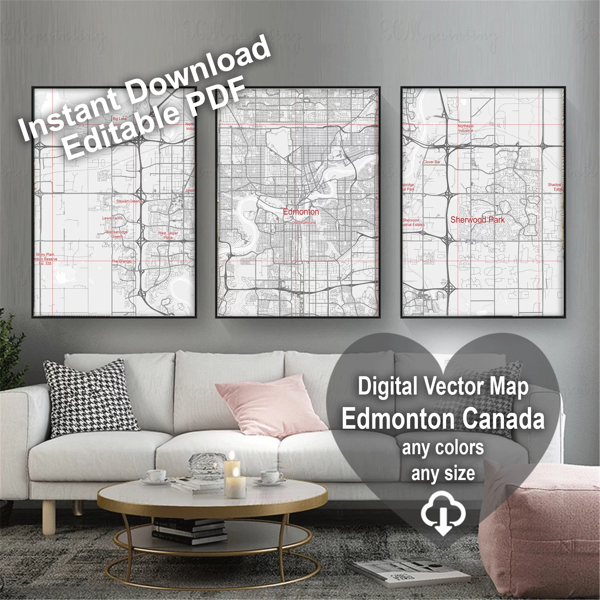 Edmonton Canada Map Vector City Plan Low Detailed (simple white) Street Map editable Adobe Illustrator in layers