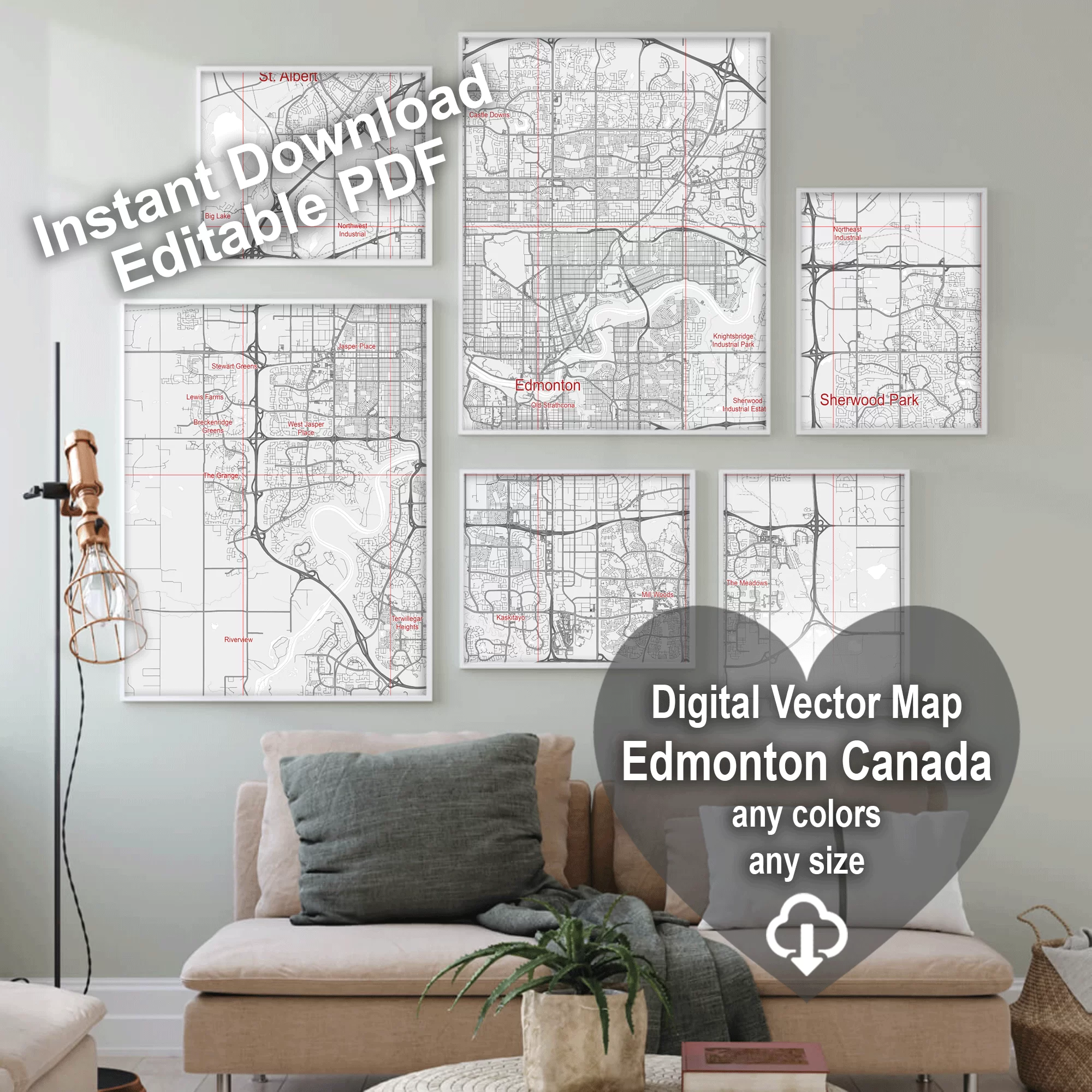 Edmonton Canada Map Vector City Plan Low Detailed (simple white) Street Map editable Adobe Illustrator in layers