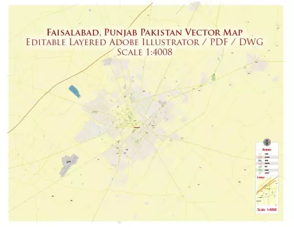 Faisalabad Pakistan Map Vector Exact High Detailed City Plan editable Adobe Illustrator Street Map in layers