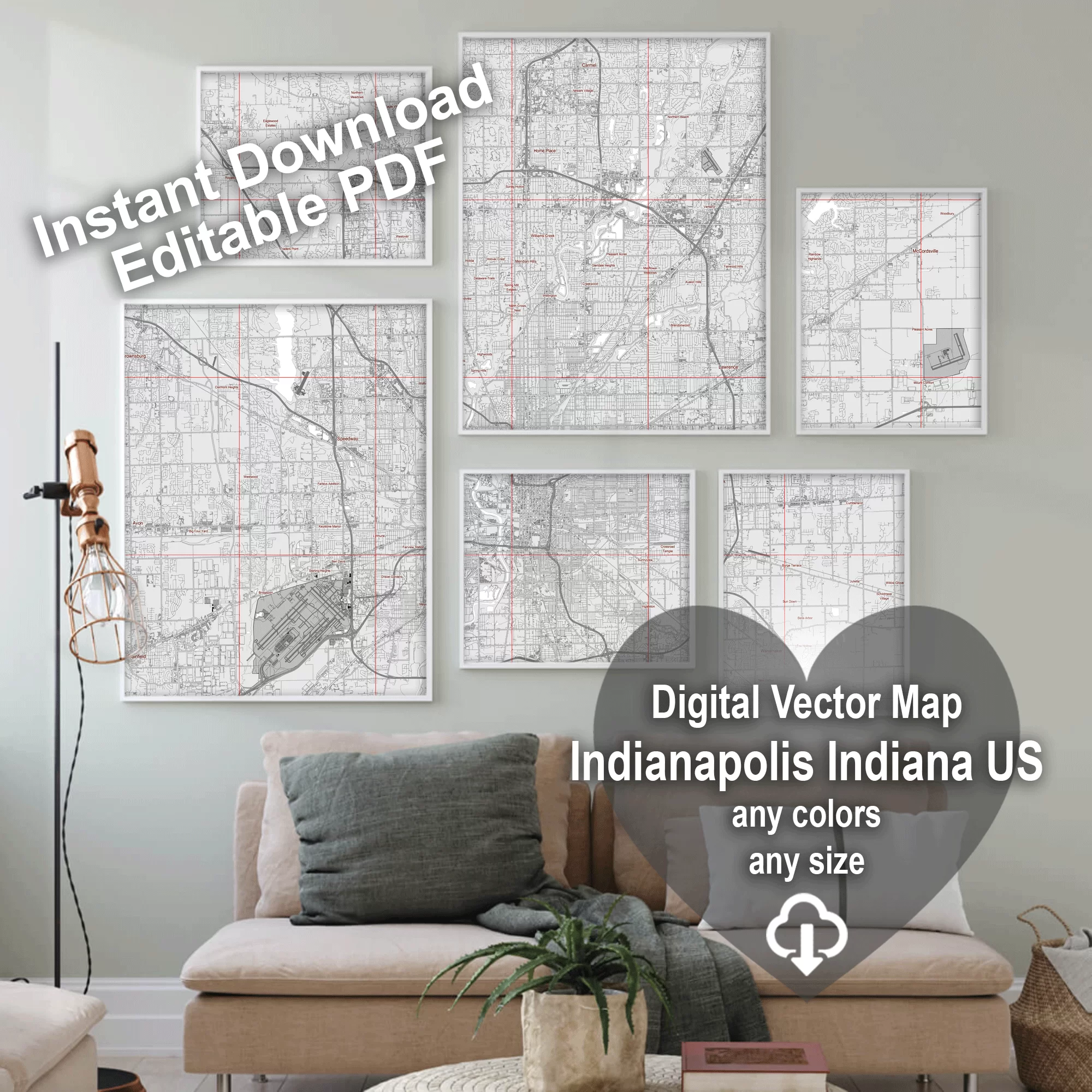 Indianapolis Indiana US Map Vector City Plan Low Detailed (simple white) Street Map editable Adobe Illustrator in layers