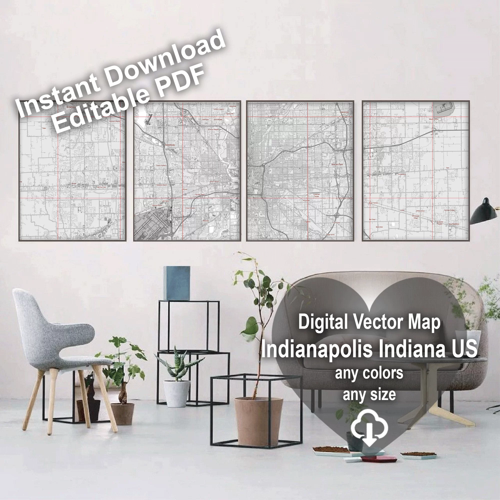 Indianapolis Indiana US Map Vector City Plan Low Detailed (simple white) Street Map editable Adobe Illustrator in layers