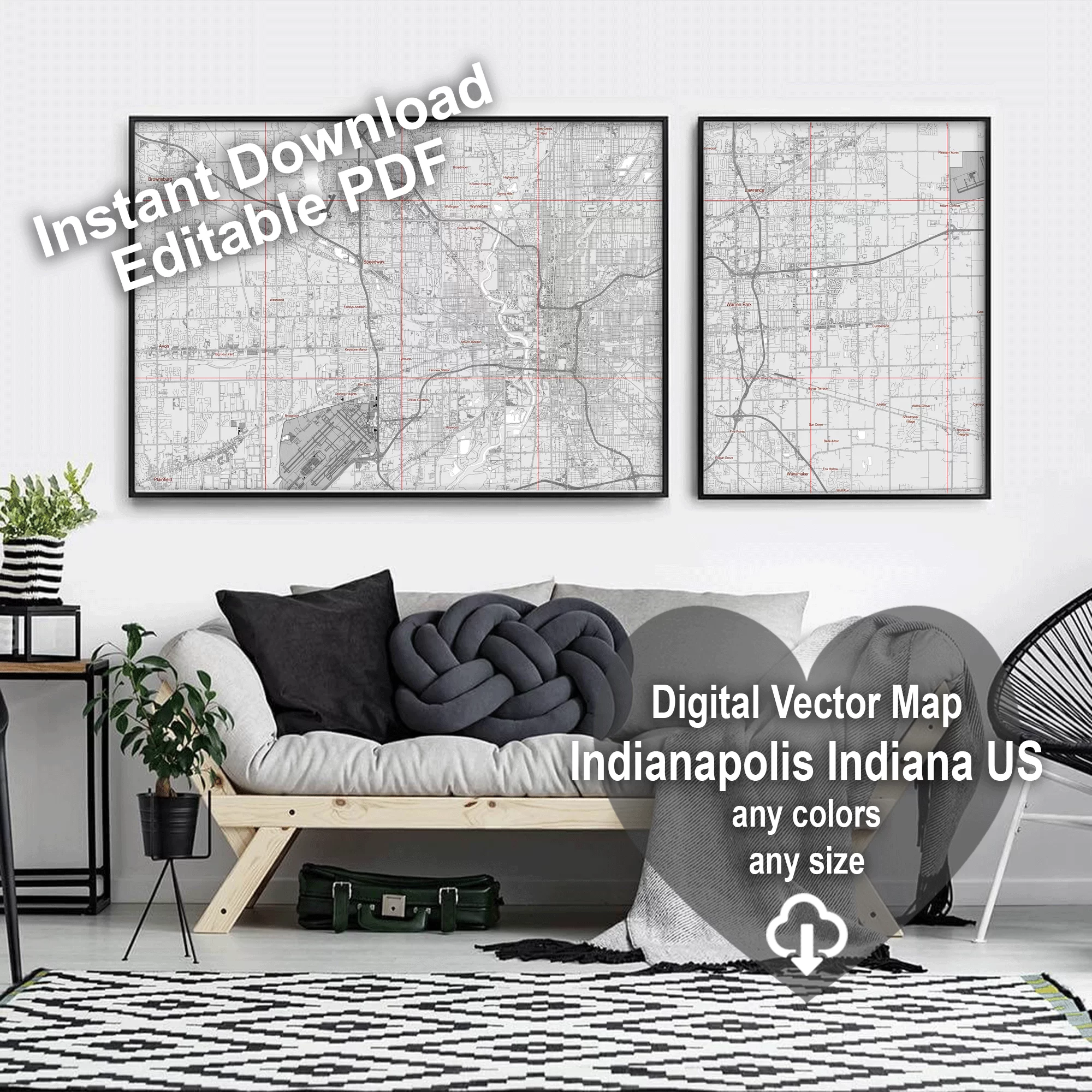 Indianapolis Indiana US Map Vector City Plan Low Detailed (simple white) Street Map editable Adobe Illustrator in layers