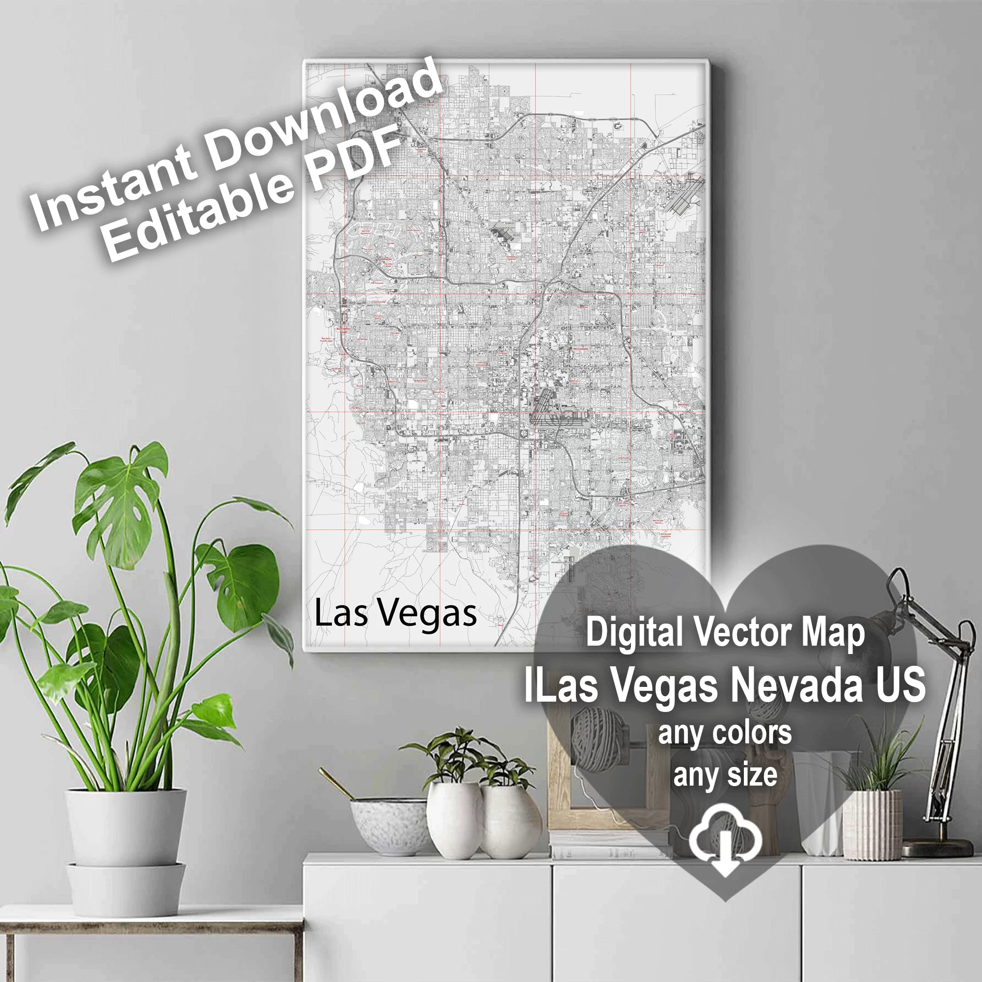 Las Vegas Nevada US Map Vector City Plan Low Detailed (simple white) Street Map editable Adobe Illustrator in layers