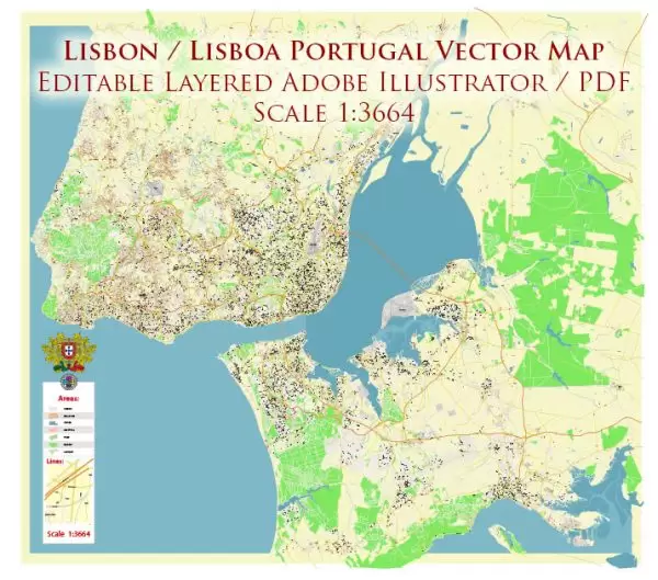 Lisbon (Lisboa) Portugal Map Vector Exact High Detailed City Plan editable Adobe Illustrator Street Map in layers