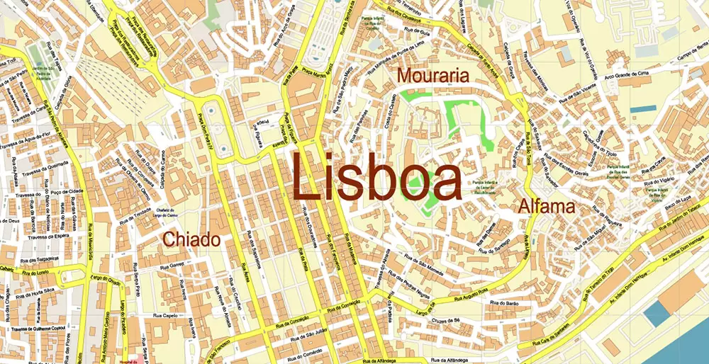 Lisbon (Lisboa) Portugal PDF Vector Map: Exact High Detailed City Plan editable Adobe PDF Street Map in layers