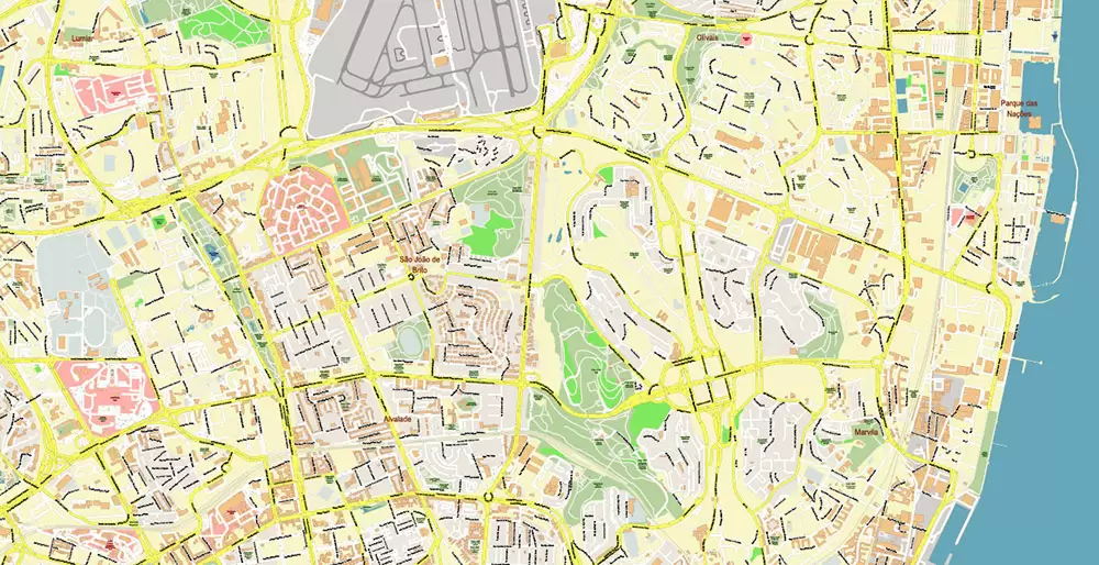 Lisbon (Lisboa) Portugal PDF Vector Map: Exact High Detailed City Plan editable Adobe PDF Street Map in layers