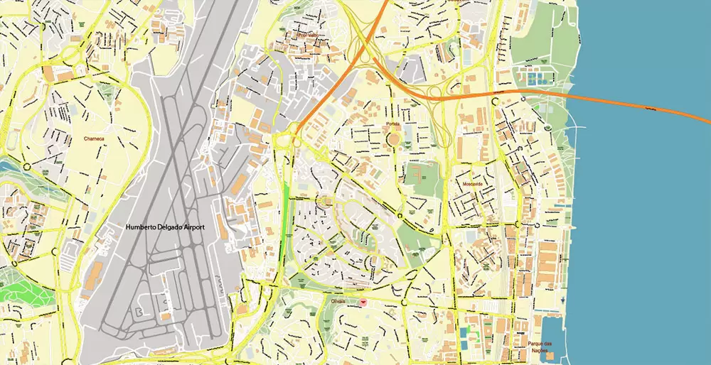Lisbon (Lisboa) Portugal PDF Vector Map: Exact High Detailed City Plan editable Adobe PDF Street Map in layers