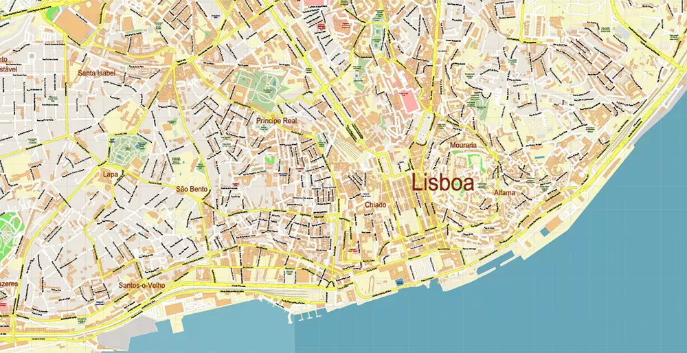 Lisbon (Lisboa) Portugal PDF Vector Map: Exact High Detailed City Plan editable Adobe PDF Street Map in layers