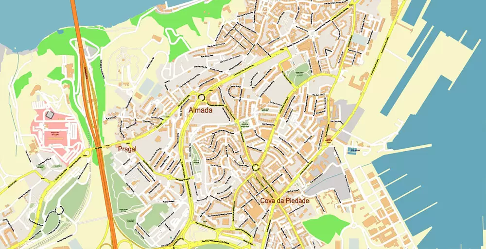 Lisbon (Lisboa) Portugal PDF Vector Map: Exact High Detailed City Plan editable Adobe PDF Street Map in layers