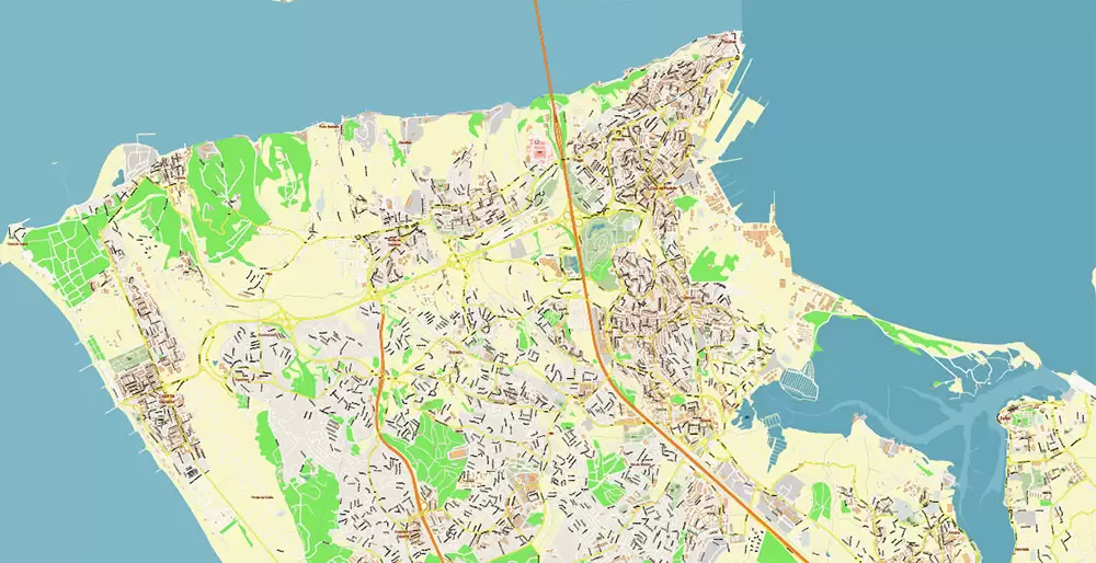 Lisbon (Lisboa) Portugal PDF Vector Map: Exact High Detailed City Plan editable Adobe PDF Street Map in layers