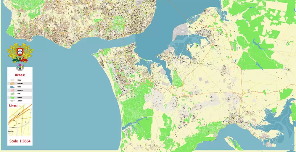 Lisbon (Lisboa) Portugal PDF Vector Map: Exact High Detailed City Plan editable Adobe PDF Street Map in layers