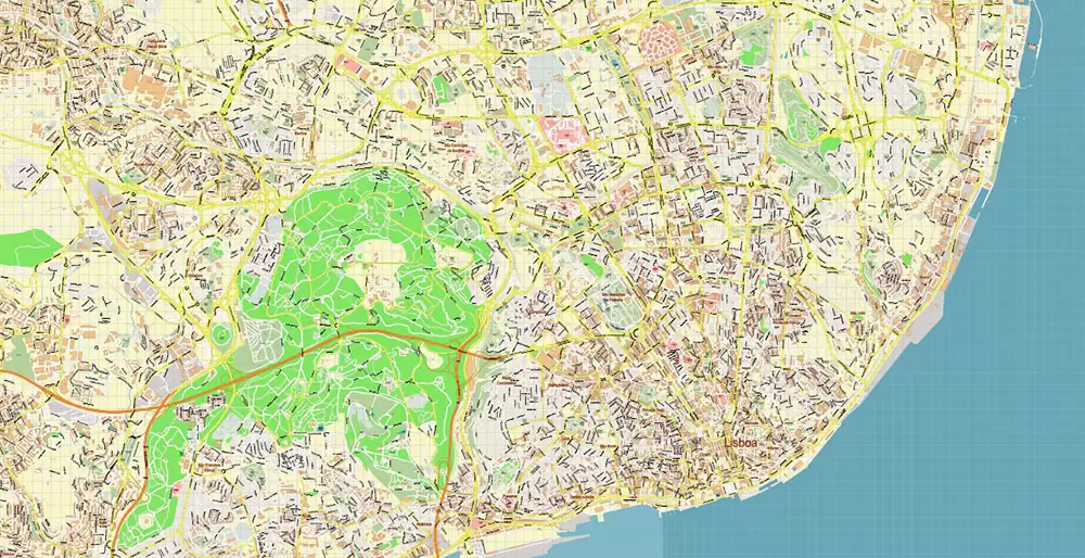 Lisbon (Lisboa) Portugal PDF Vector Map: Exact High Detailed City Plan editable Adobe PDF Street Map in layers