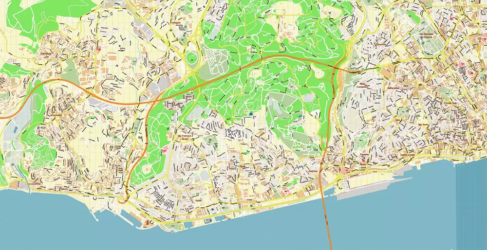 Lisbon (Lisboa) Portugal PDF Vector Map: Exact High Detailed City Plan editable Adobe PDF Street Map in layers