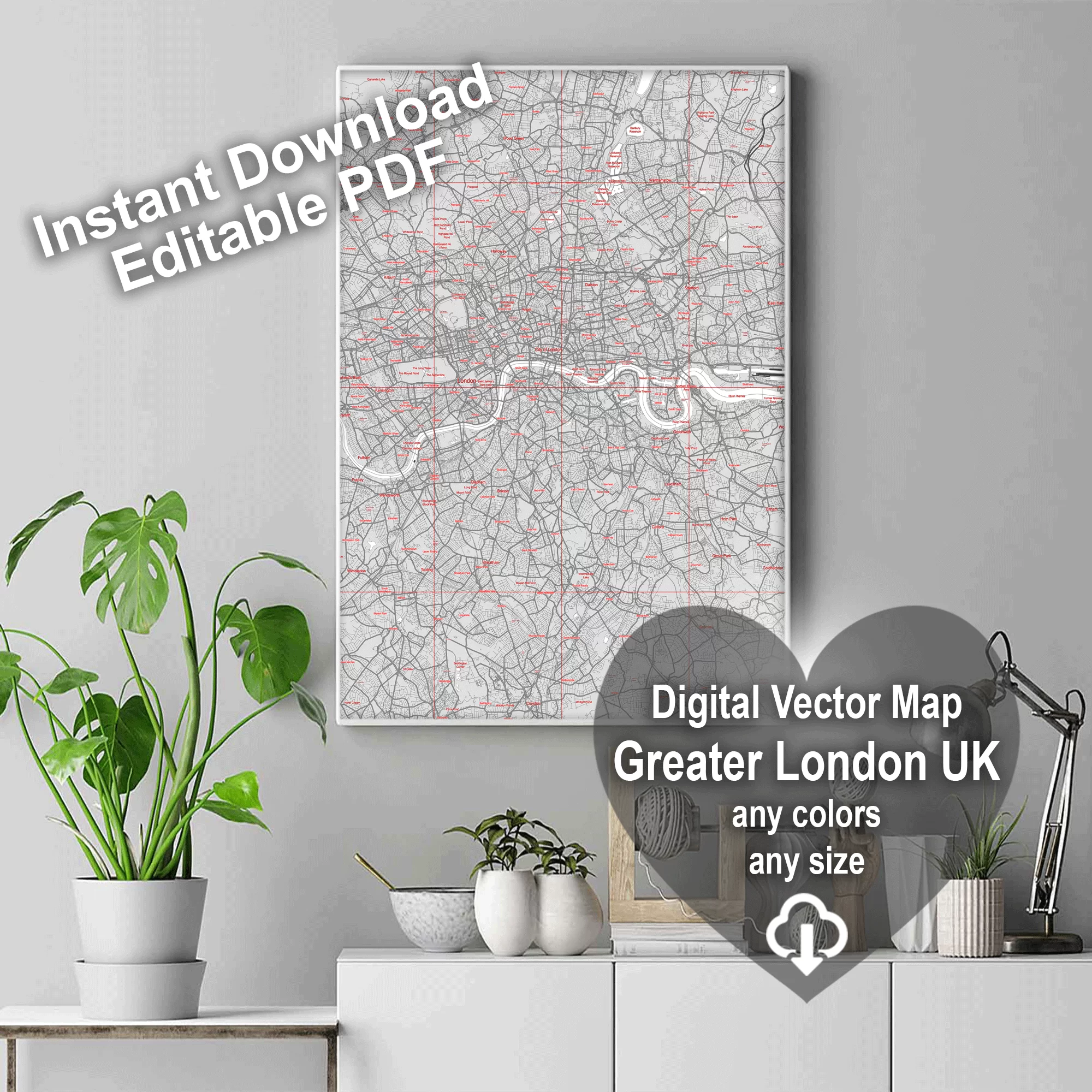 London UK Greater Map Vector City Plan Low Detailed (simple white) Street Map editable Adobe Illustrator in layers
