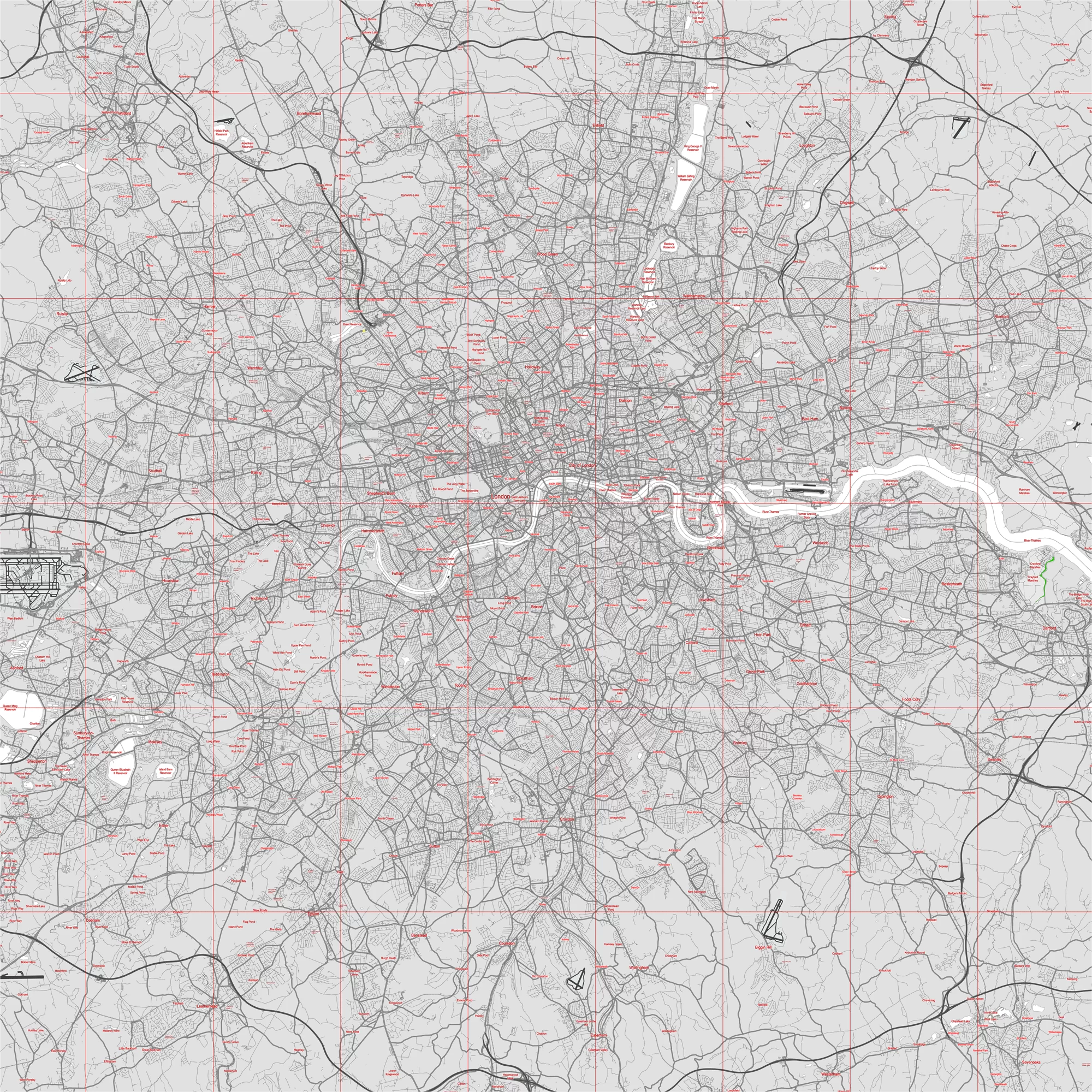 London UK Greater Map Vector City Plan Low Detailed (simple white) Street Map editable Adobe Illustrator in layers