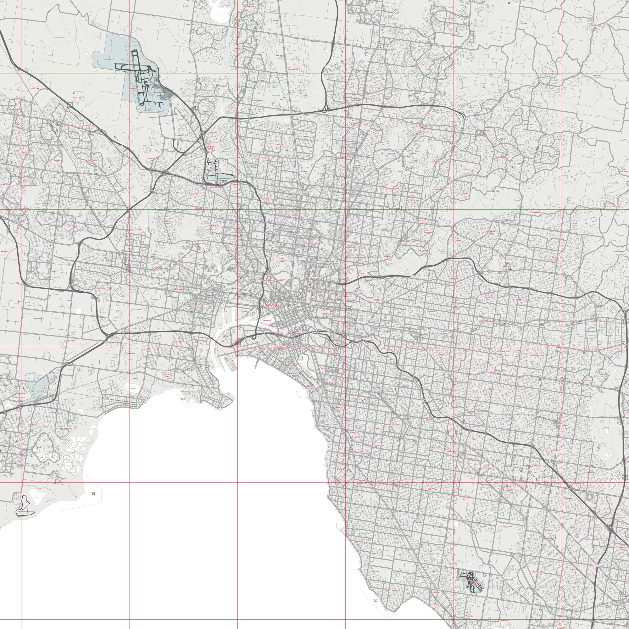 Melbourne Australia Map Vector City Plan Low Detailed (simple white) Street Map editable Adobe Illustrator in layers