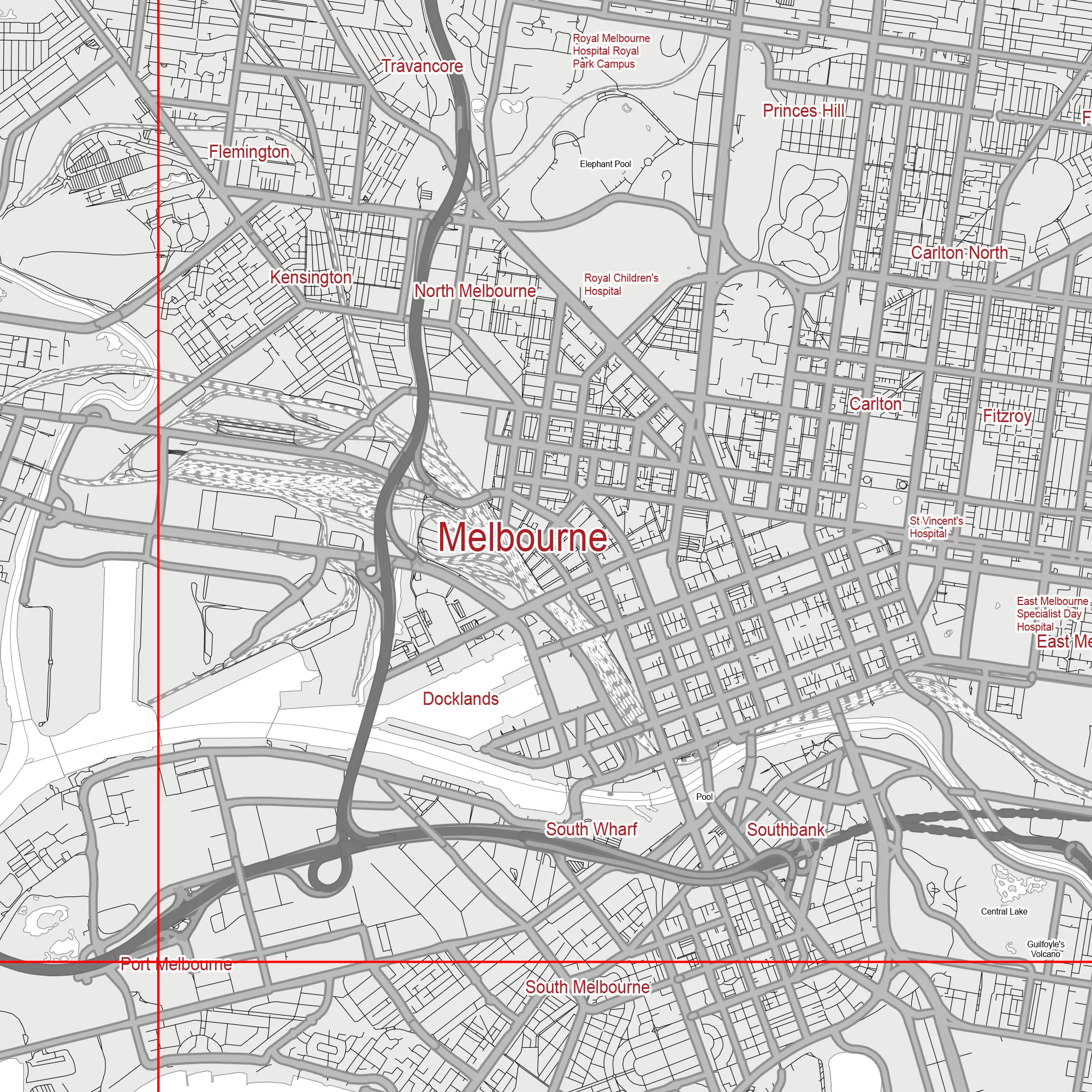 Melbourne Australia Map Vector City Plan Low Detailed (simple white) Street Map editable Adobe Illustrator in layers