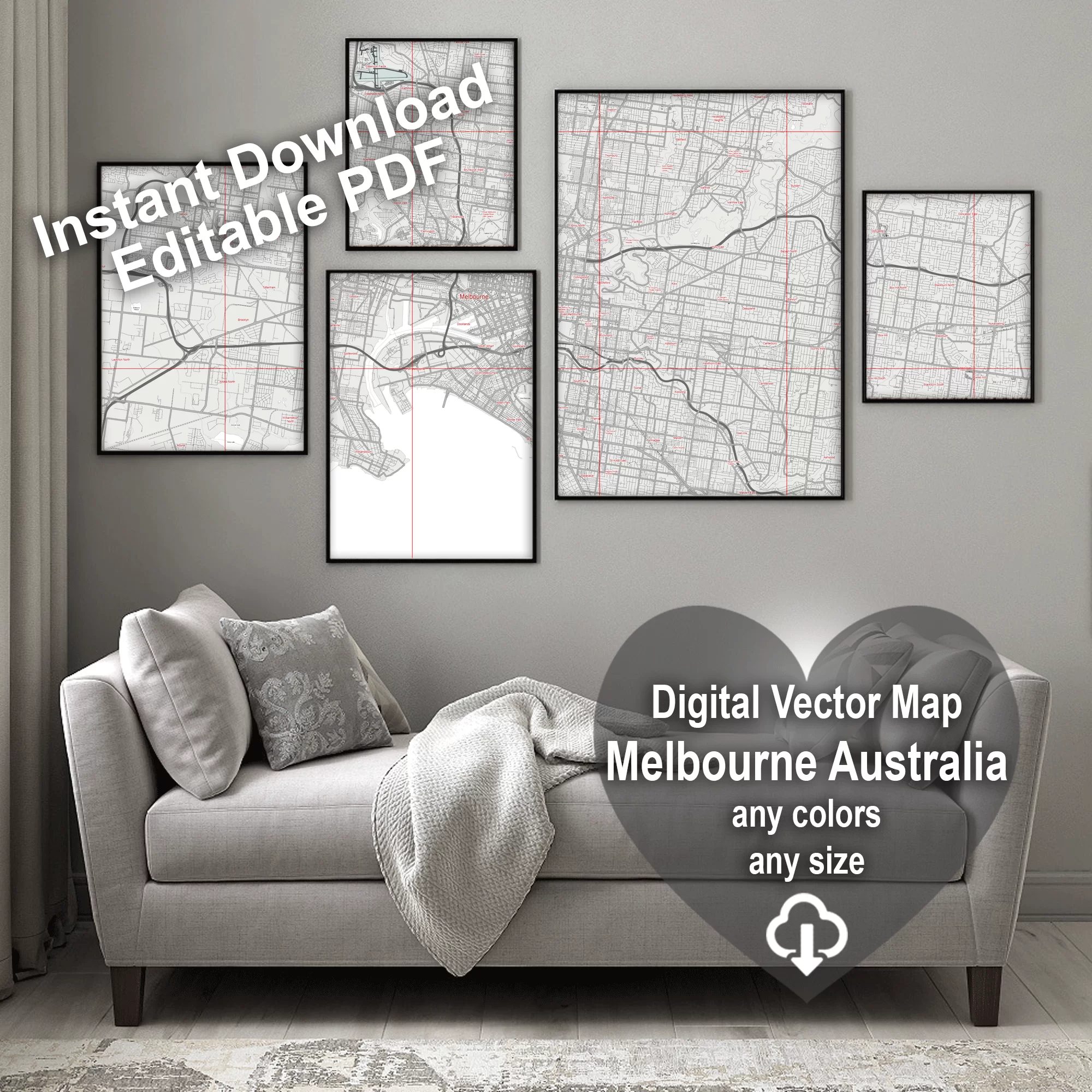 Melbourne Australia Map Vector City Plan Low Detailed (simple white) Street Map editable Adobe Illustrator in layers