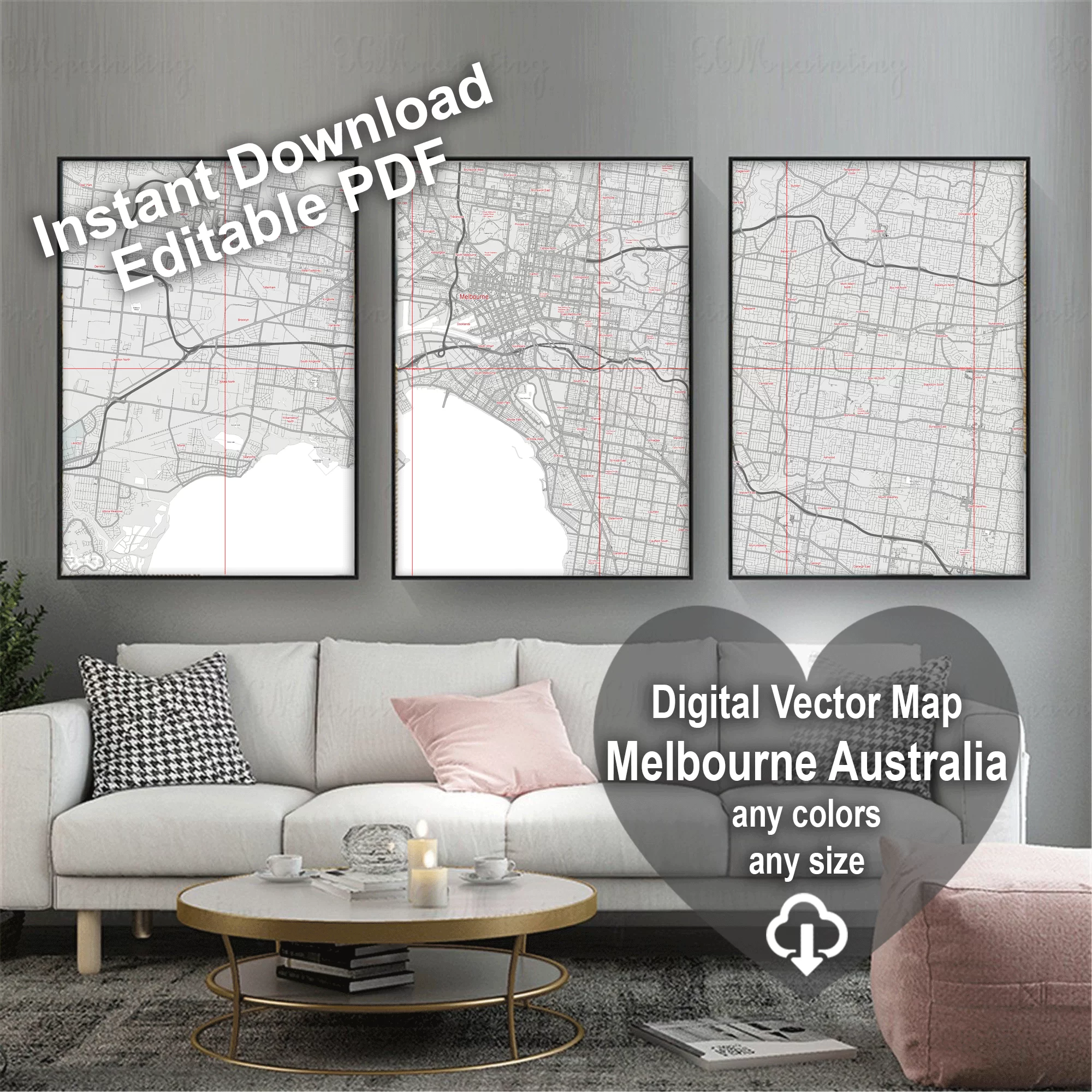 Melbourne Australia Map Vector City Plan Low Detailed (simple white) Street Map editable Adobe Illustrator in layers