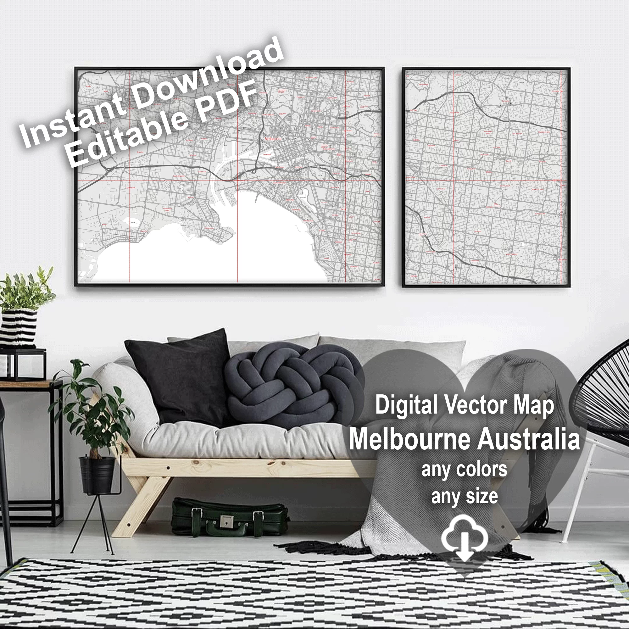 Melbourne Australia Map Vector City Plan Low Detailed (simple white) Street Map editable Adobe Illustrator in layers