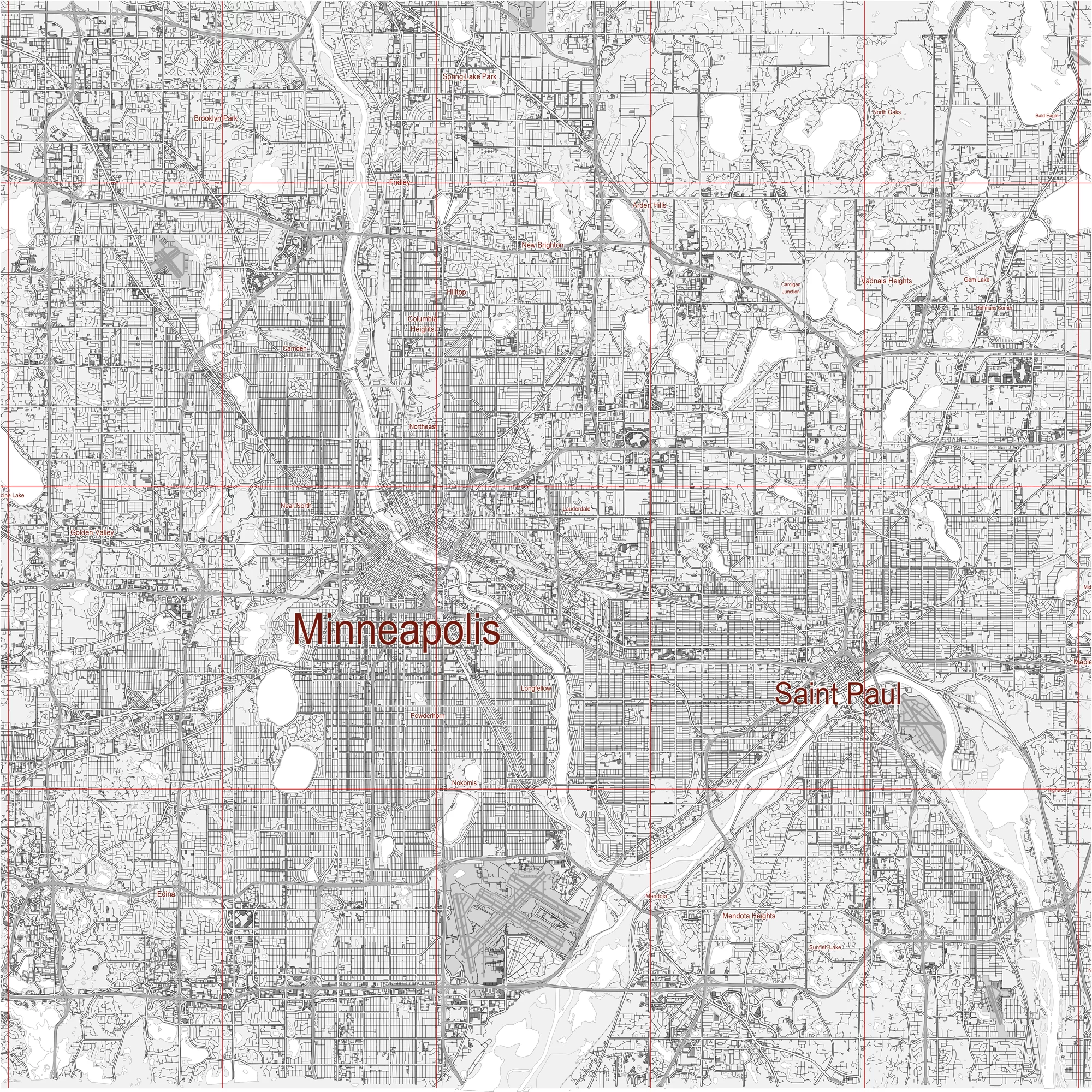 Minneapolis Sent Paul Minnesota US PDF Vector Map: City Plan Low Detailed (simple white) Street Map editable Adobe PDF in layers