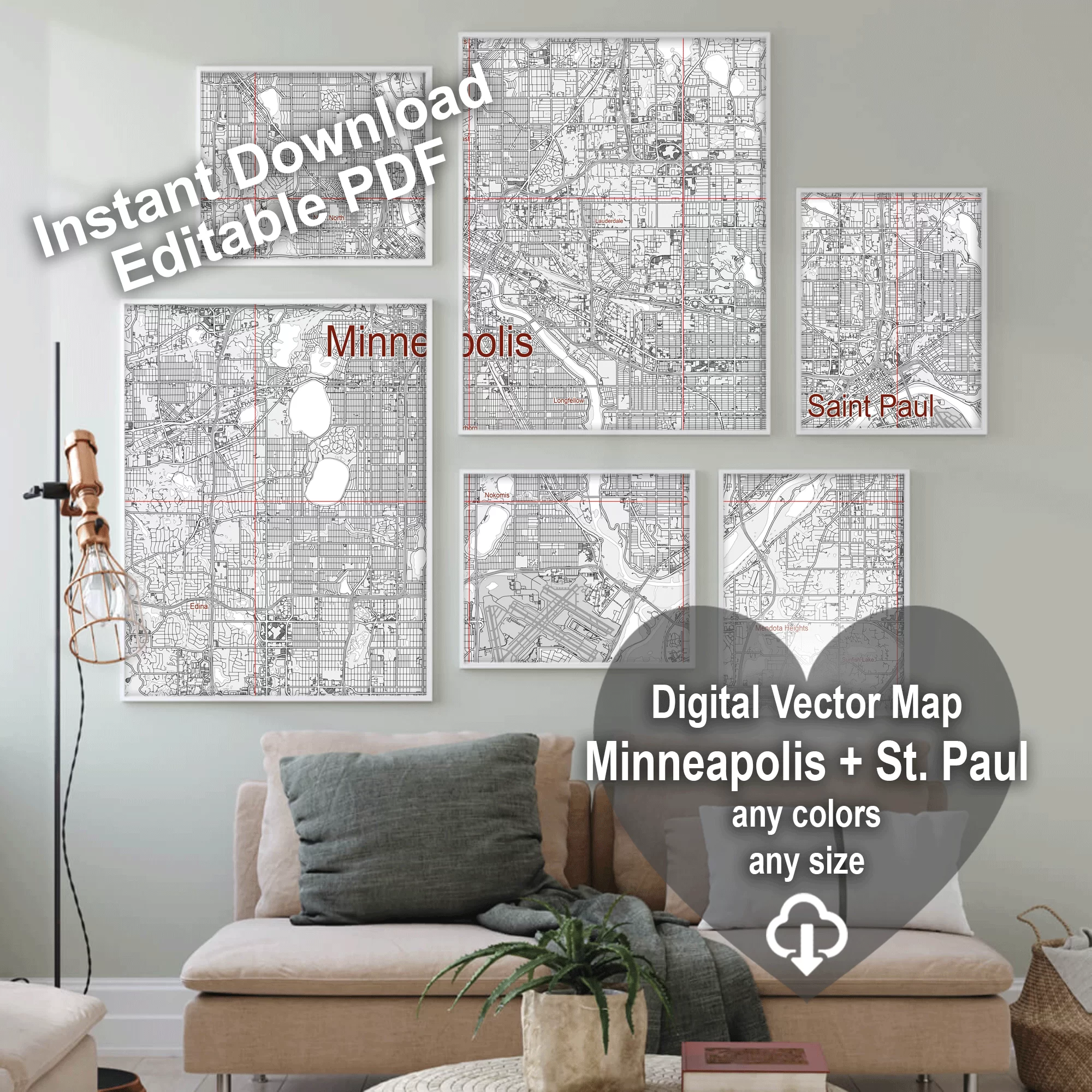 Minneapolis Sent Paul Minnesota US PDF Vector Map: City Plan Low Detailed (simple white) Street Map editable Adobe PDF in layers
