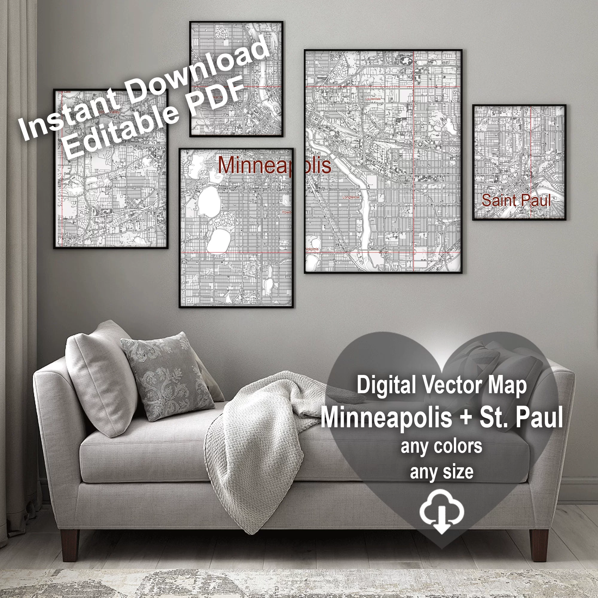 Minneapolis Sent Paul Minnesota US PDF Vector Map: City Plan Low Detailed (simple white) Street Map editable Adobe PDF in layers