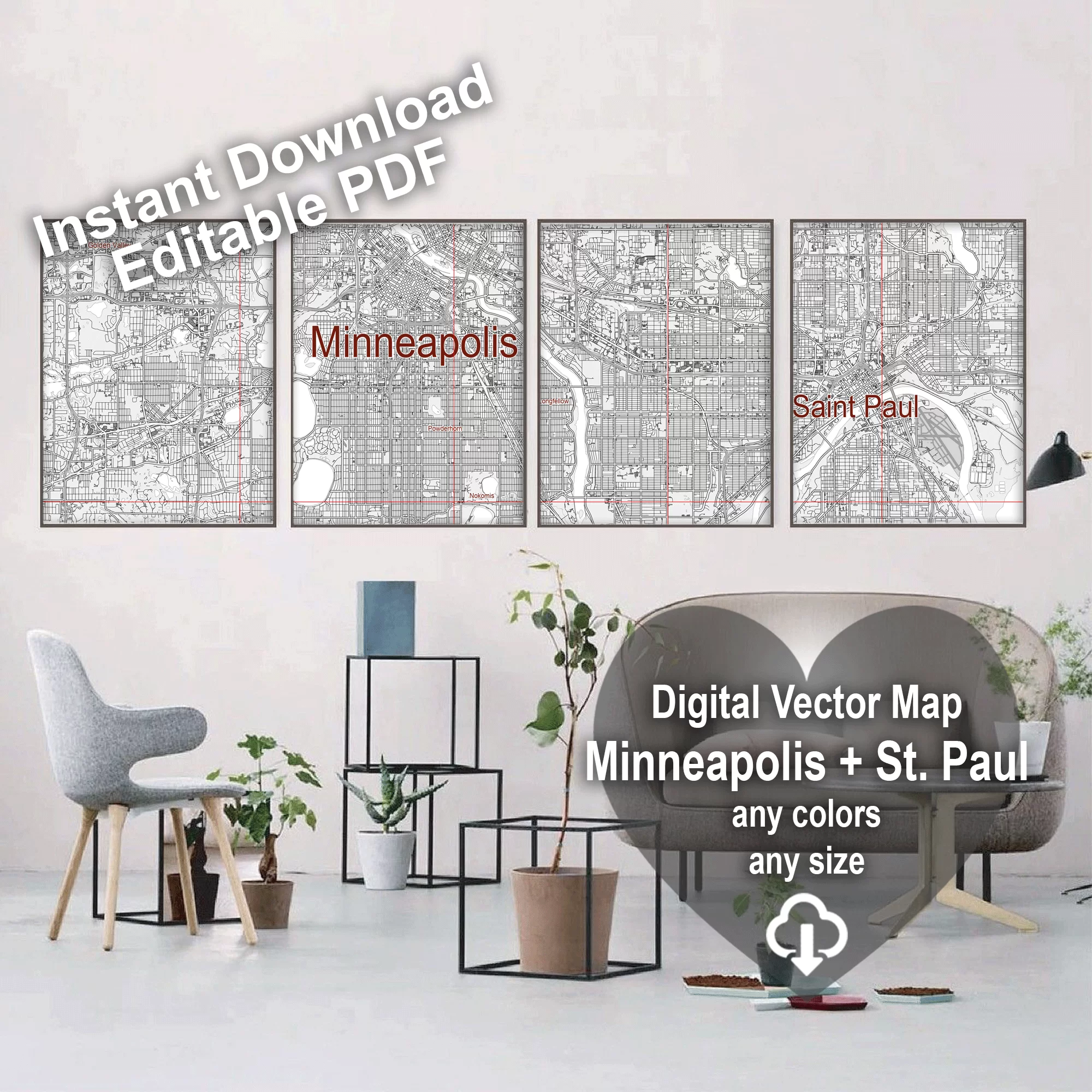 Minneapolis Sent Paul Minnesota US PDF Vector Map: City Plan Low Detailed (simple white) Street Map editable Adobe PDF in layers