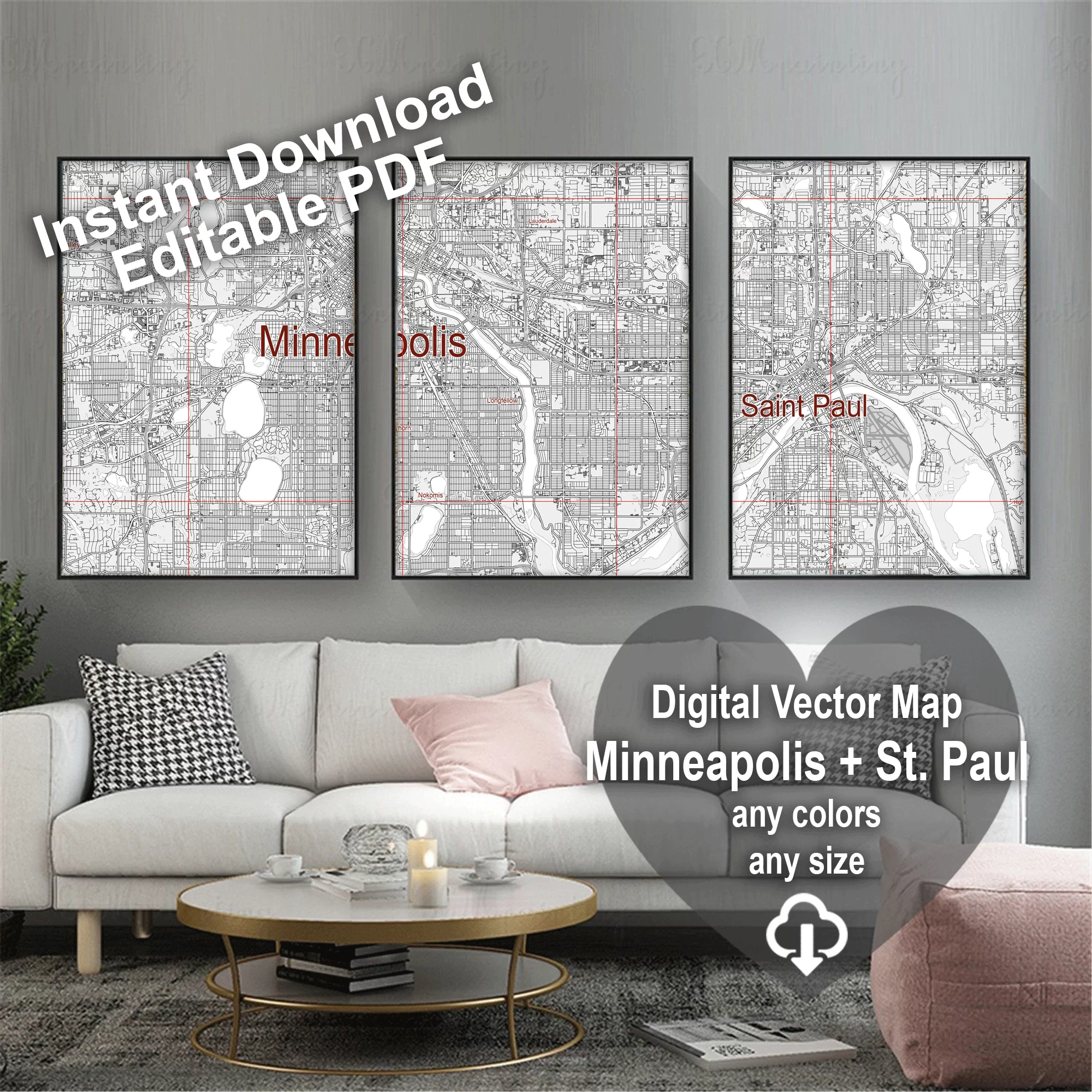 Minneapolis Sent Paul Minnesota US PDF Vector Map: City Plan Low Detailed (simple white) Street Map editable Adobe PDF in layers