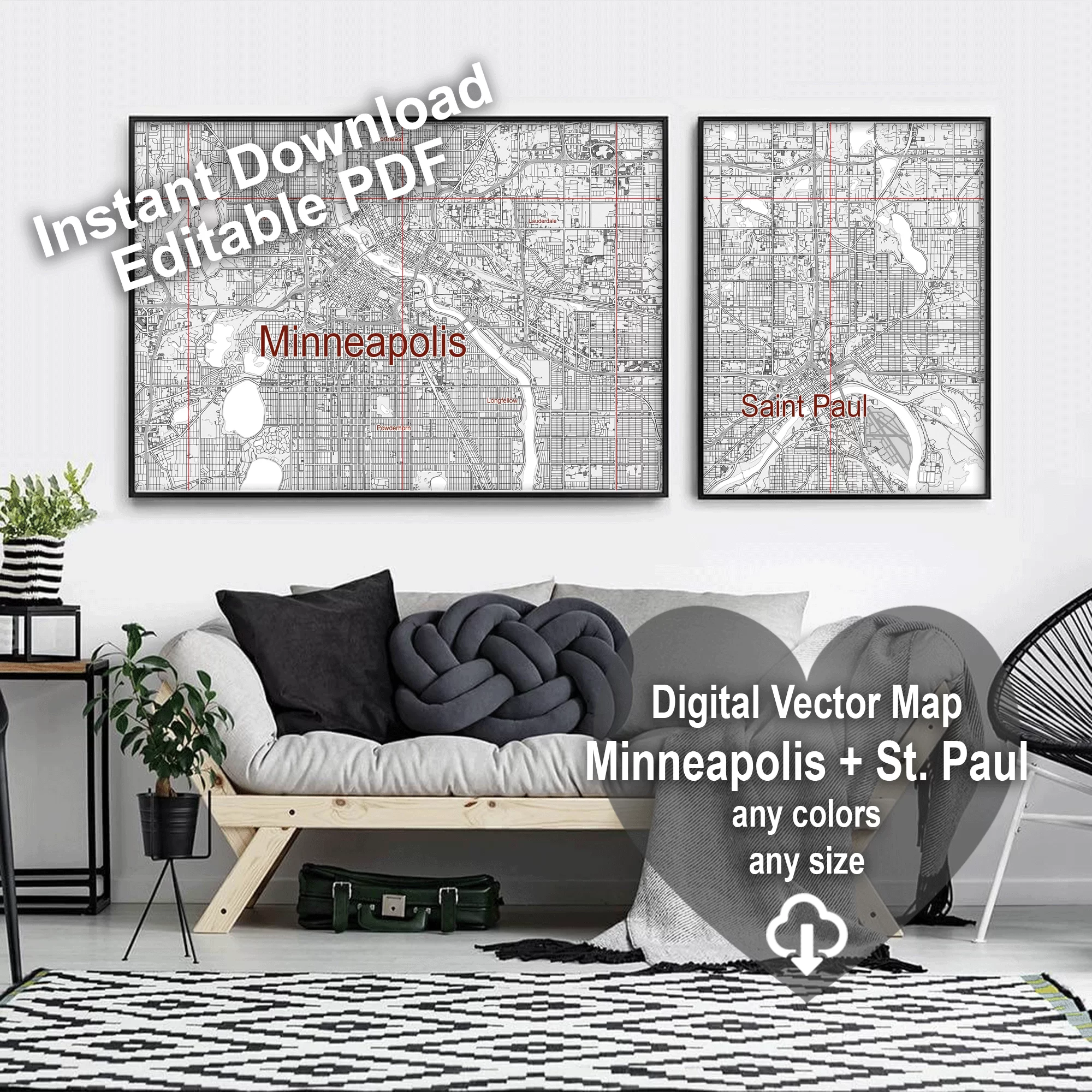Minneapolis Sent Paul Minnesota US PDF Vector Map: City Plan Low Detailed (simple white) Street Map editable Adobe PDF in layers