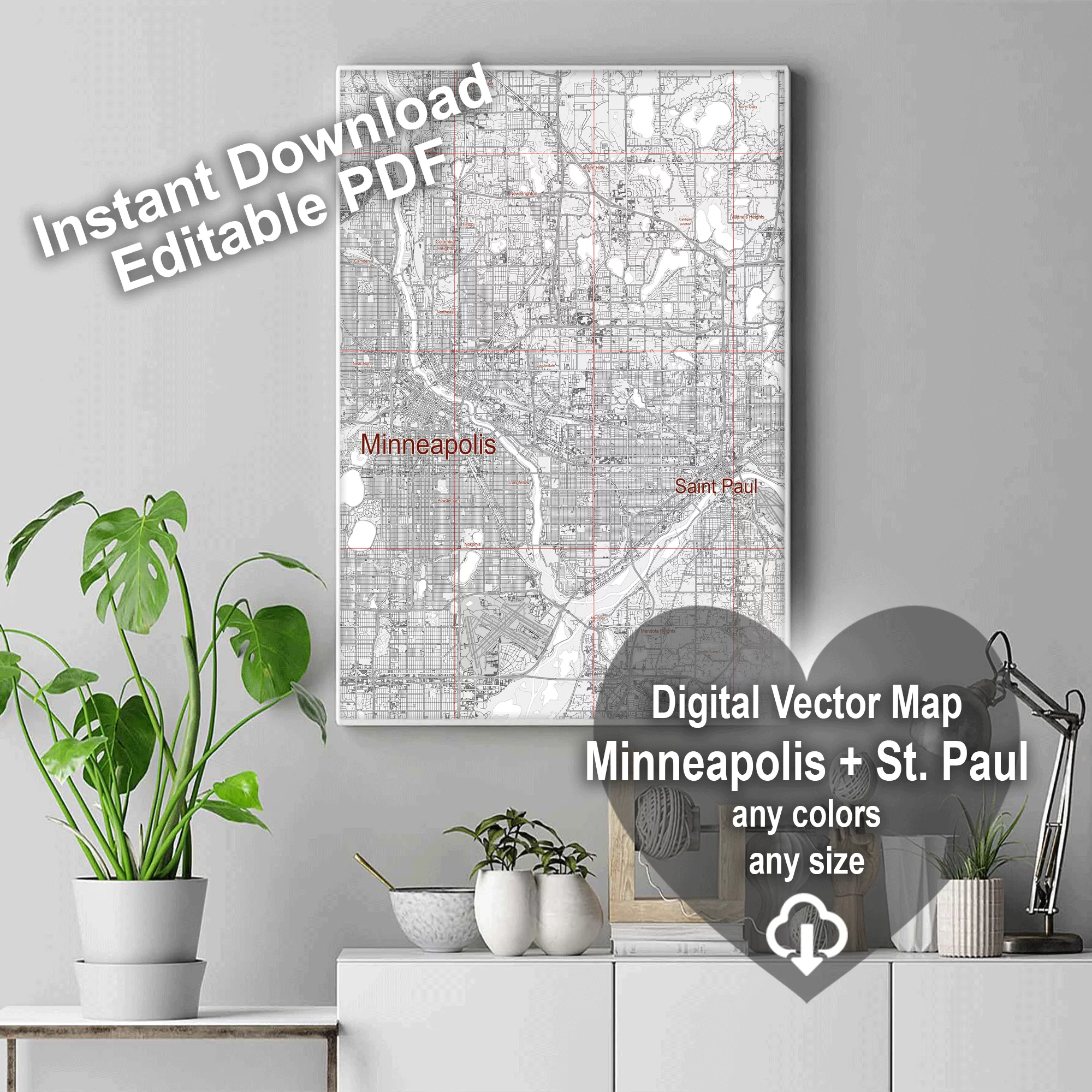 Minneapolis Sent Paul Minnesota US PDF Vector Map: City Plan Low Detailed (simple white) Street Map editable Adobe PDF in layers