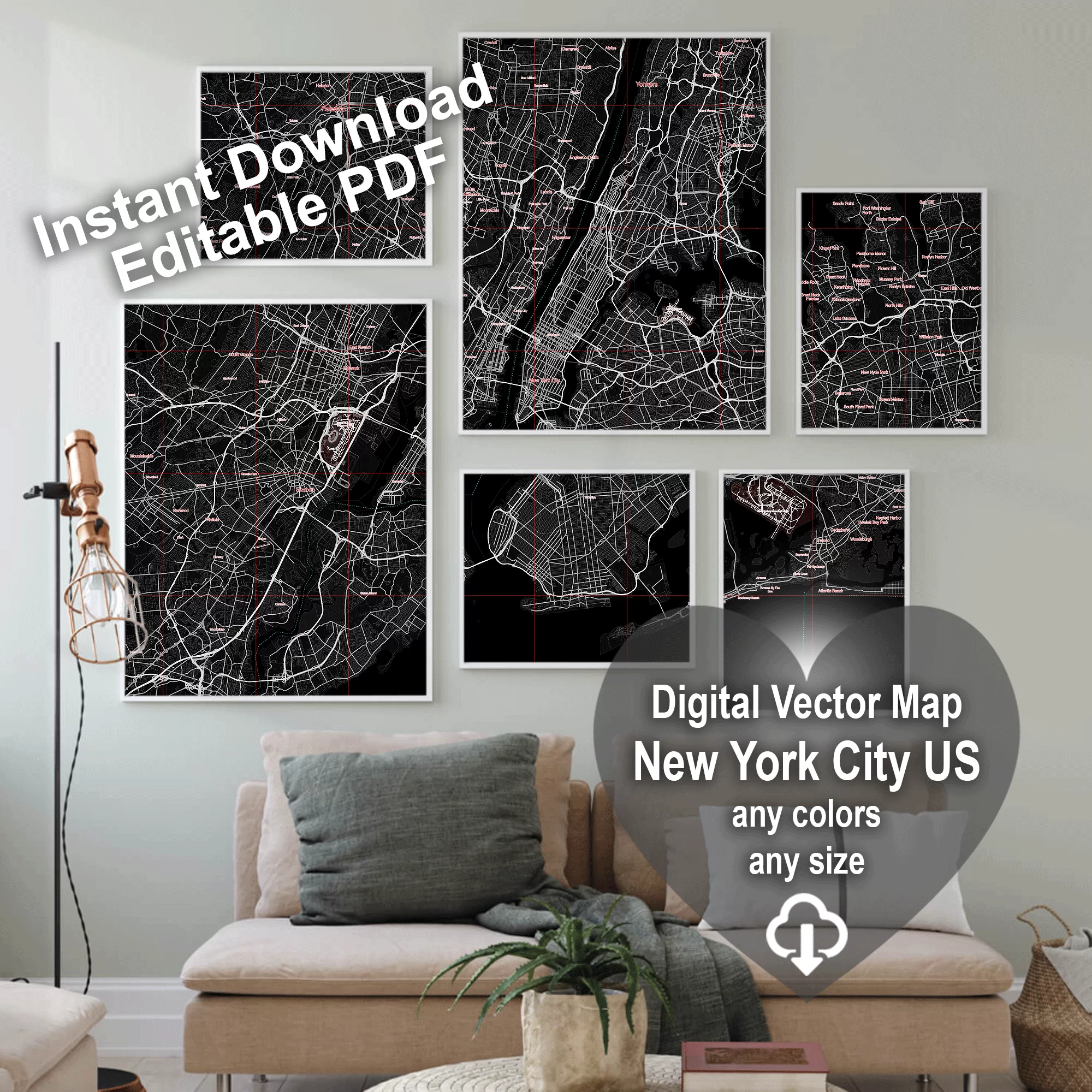 New York City US Map Vector City Plan Low Detailed (simple black) Street Map editable Adobe Illustrator in layers