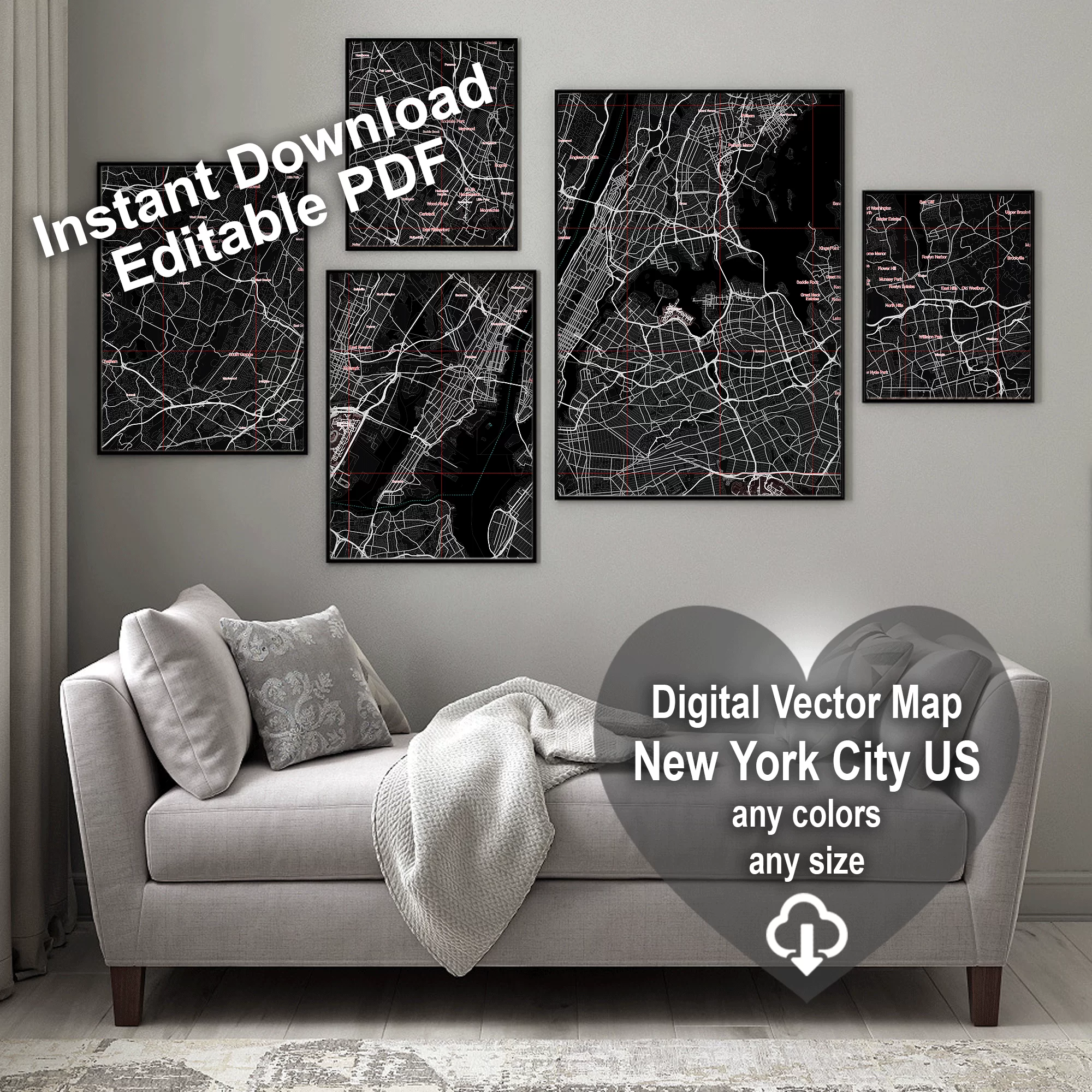 New York City US Map Vector City Plan Low Detailed (simple black) Street Map editable Adobe Illustrator in layers