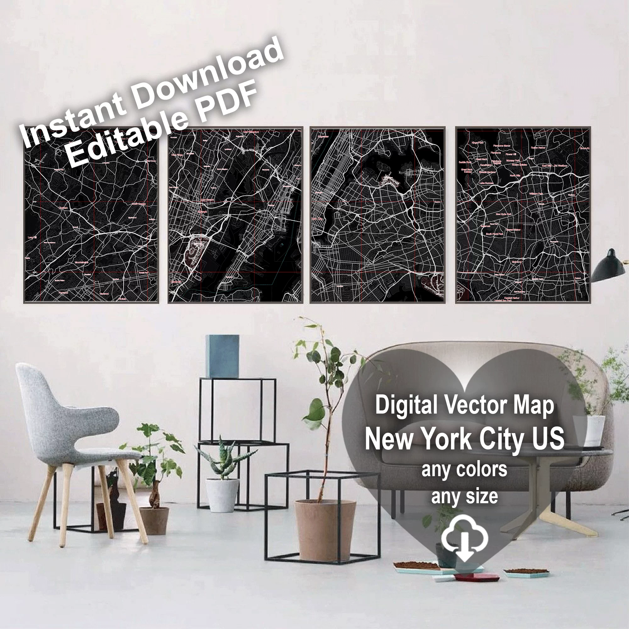 New York City US Map Vector City Plan Low Detailed (simple black) Street Map editable Adobe Illustrator in layers