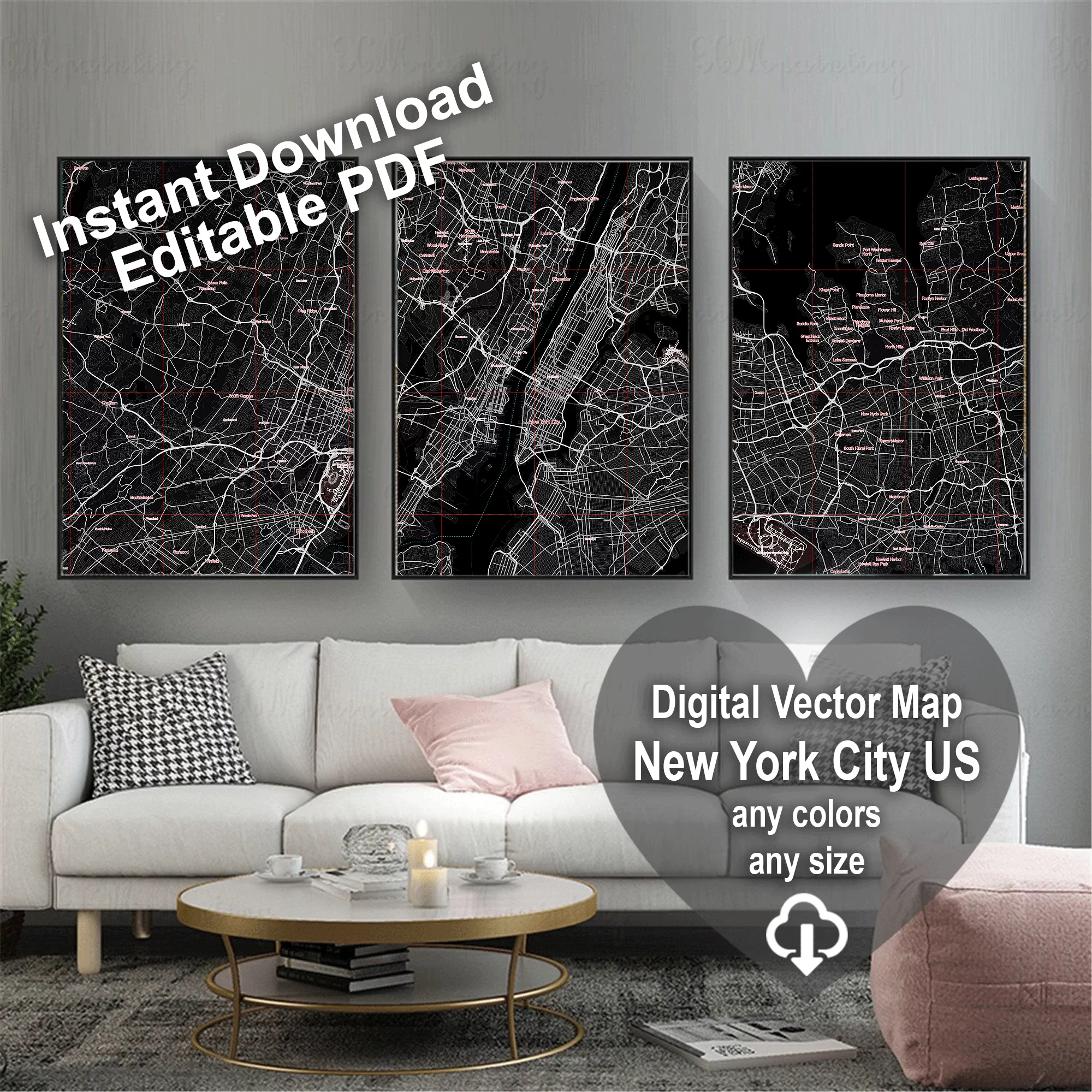 New York City US Map Vector City Plan Low Detailed (simple black) Street Map editable Adobe Illustrator in layers