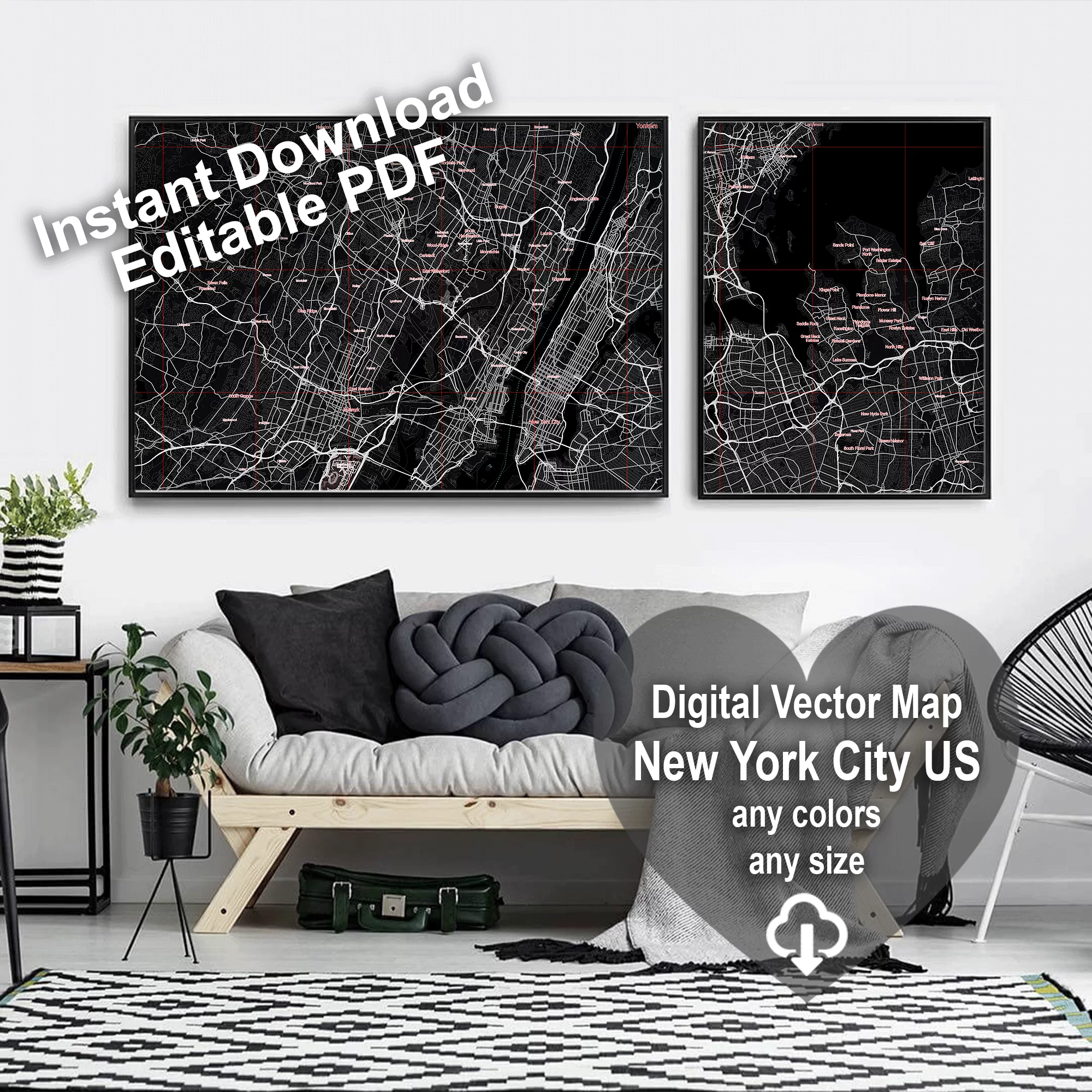 New York City US Map Vector City Plan Low Detailed (simple black) Street Map editable Adobe Illustrator in layers