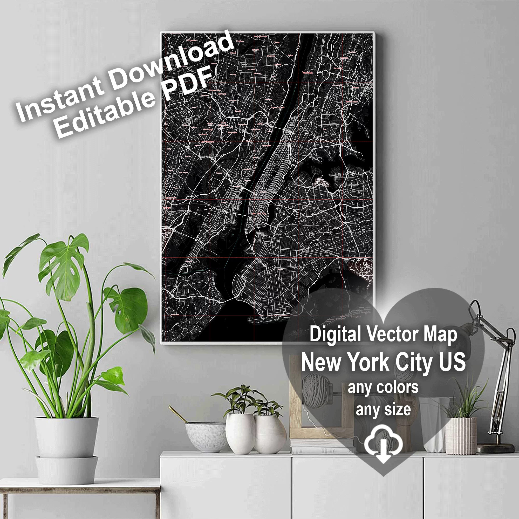 New York City US Map Vector City Plan Low Detailed (simple black) Street Map editable Adobe Illustrator in layers