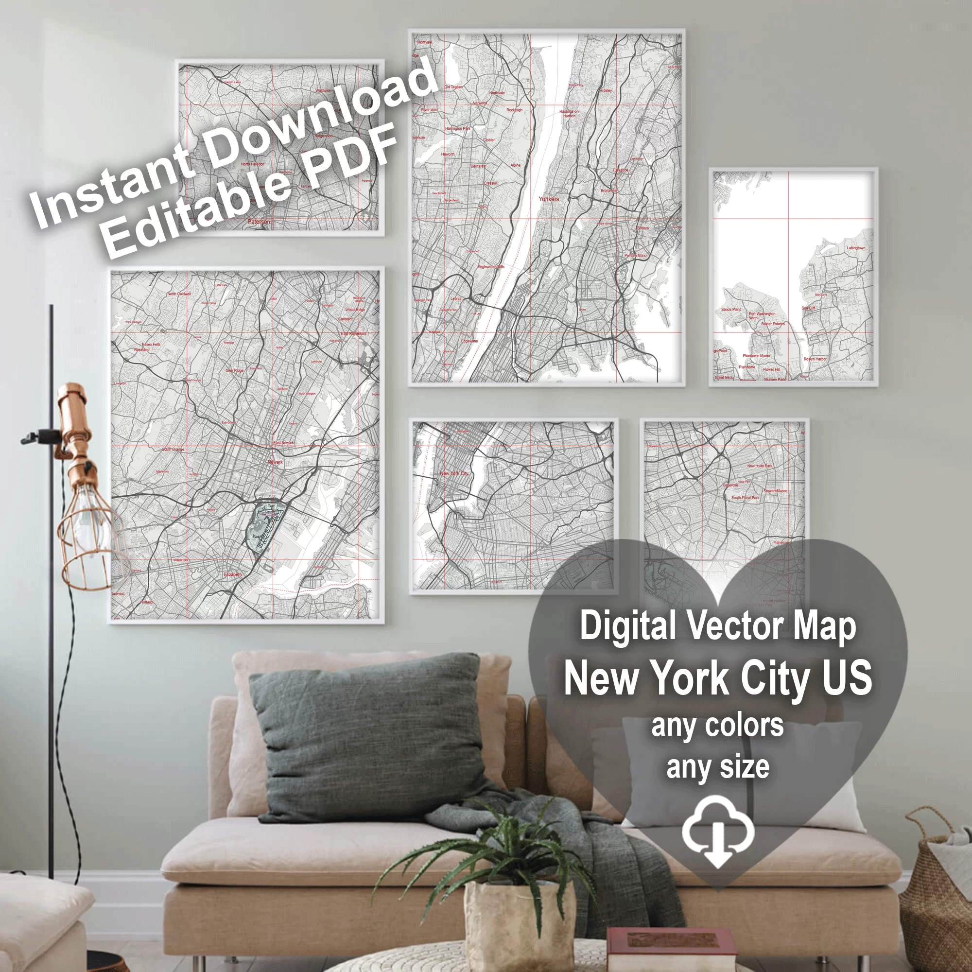 New York City US PDF Vector Map: City Plan Low Detailed (simple white) Street Map editable Adobe PDF in layers